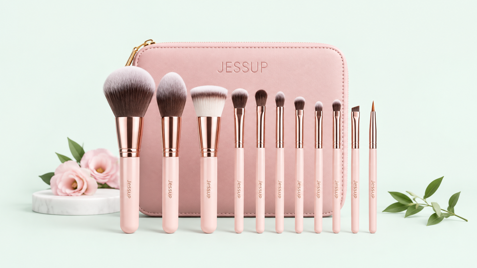 Jessup pink makeup brush set with matching cosmetic case