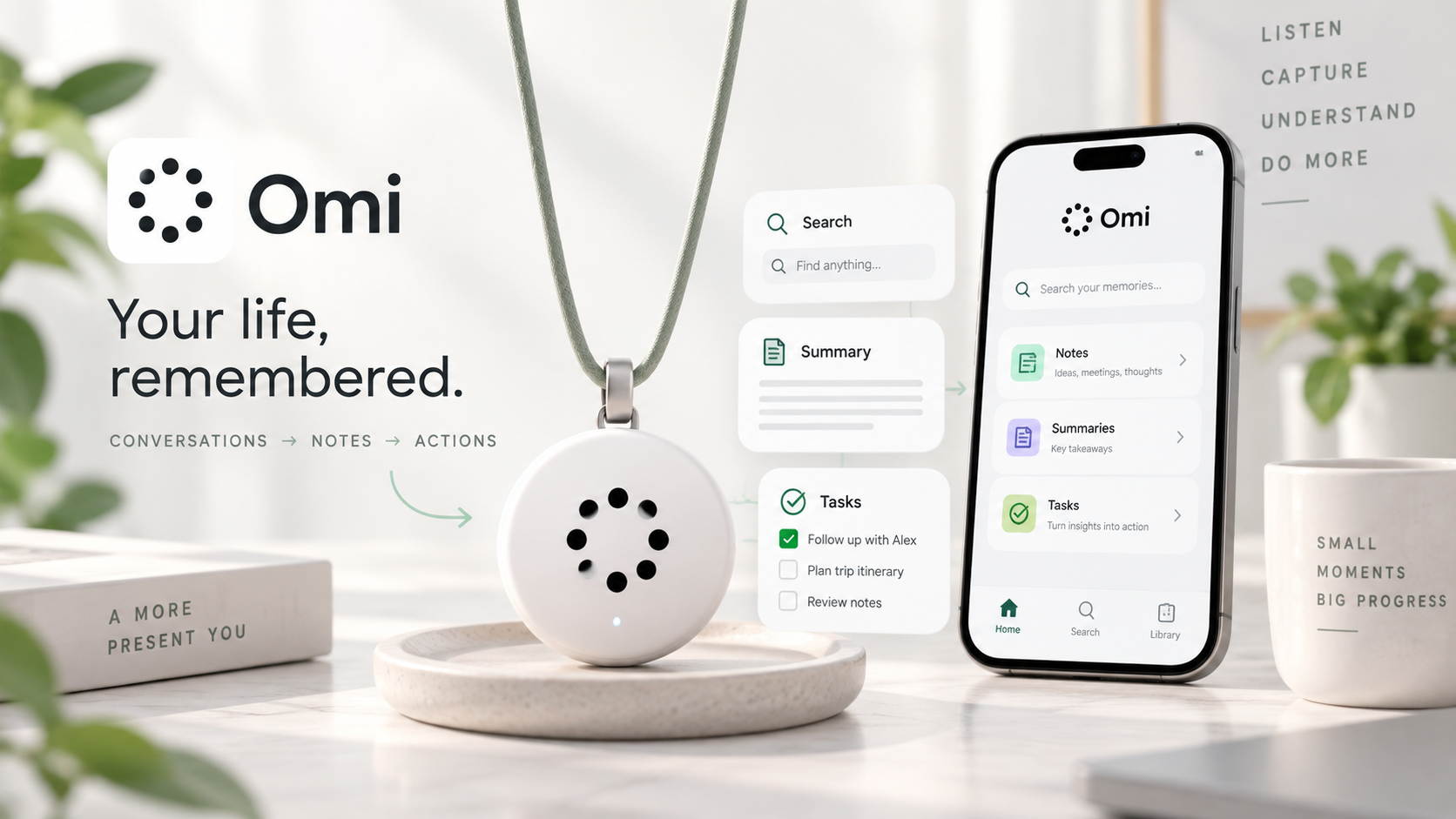 Omi wearable AI assistant with companion mobile app for notes, summaries, and tasks
