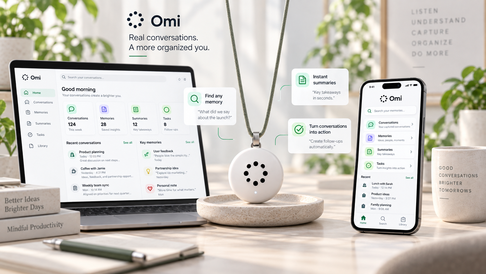 Omi AI wearable with laptop and mobile app showing conversations, memories, summaries, and tasks