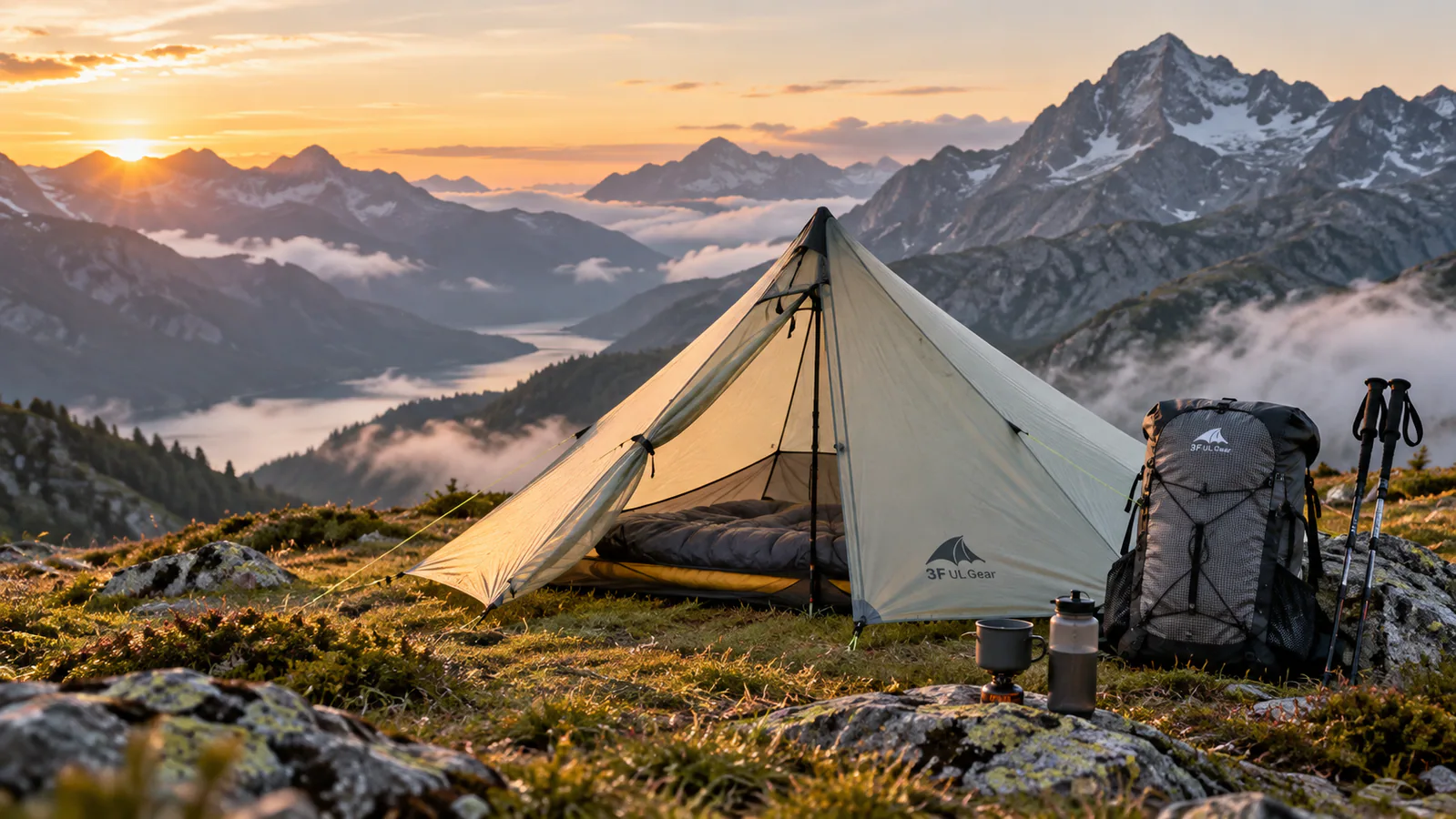 3F UL Gear ultralight tent and backpack beside trekking poles at a scenic alpine campsite during sunset.