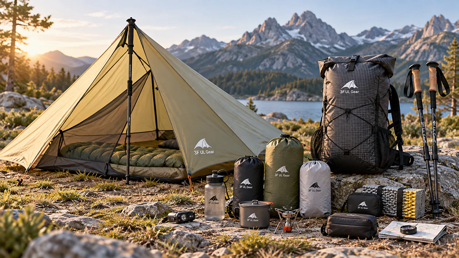 3F UL Gear ultralight camping setup with trekking-pole tent, backpack, sleeping gear and hiking accessories at a mountain campsite.