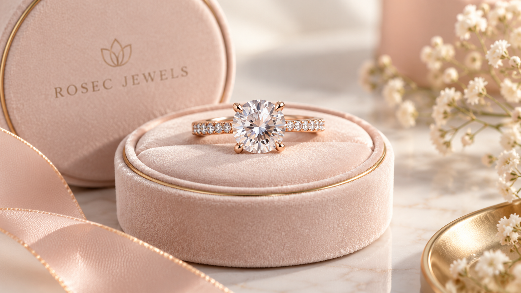 Rosec Jewels engagement ring displayed in a pink jewelry box