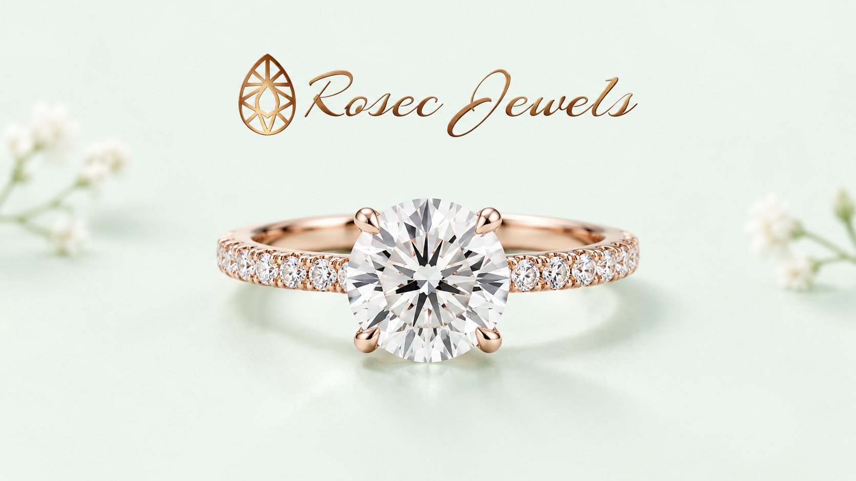 Rosec Jewels rose gold engagement ring with round center stone and pavé band