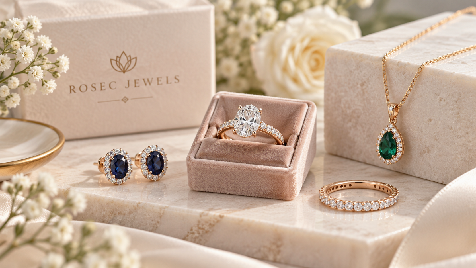 Rosec Jewels jewelry collection with engagement ring, earrings, necklace, and diamond band