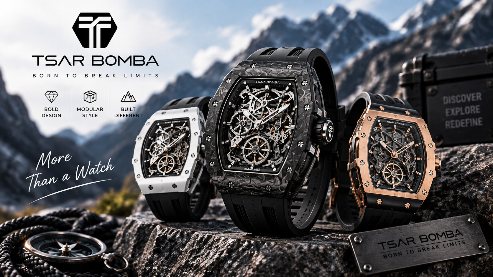 TSAR BOMBA skeleton watches in black, silver, and rose gold designs