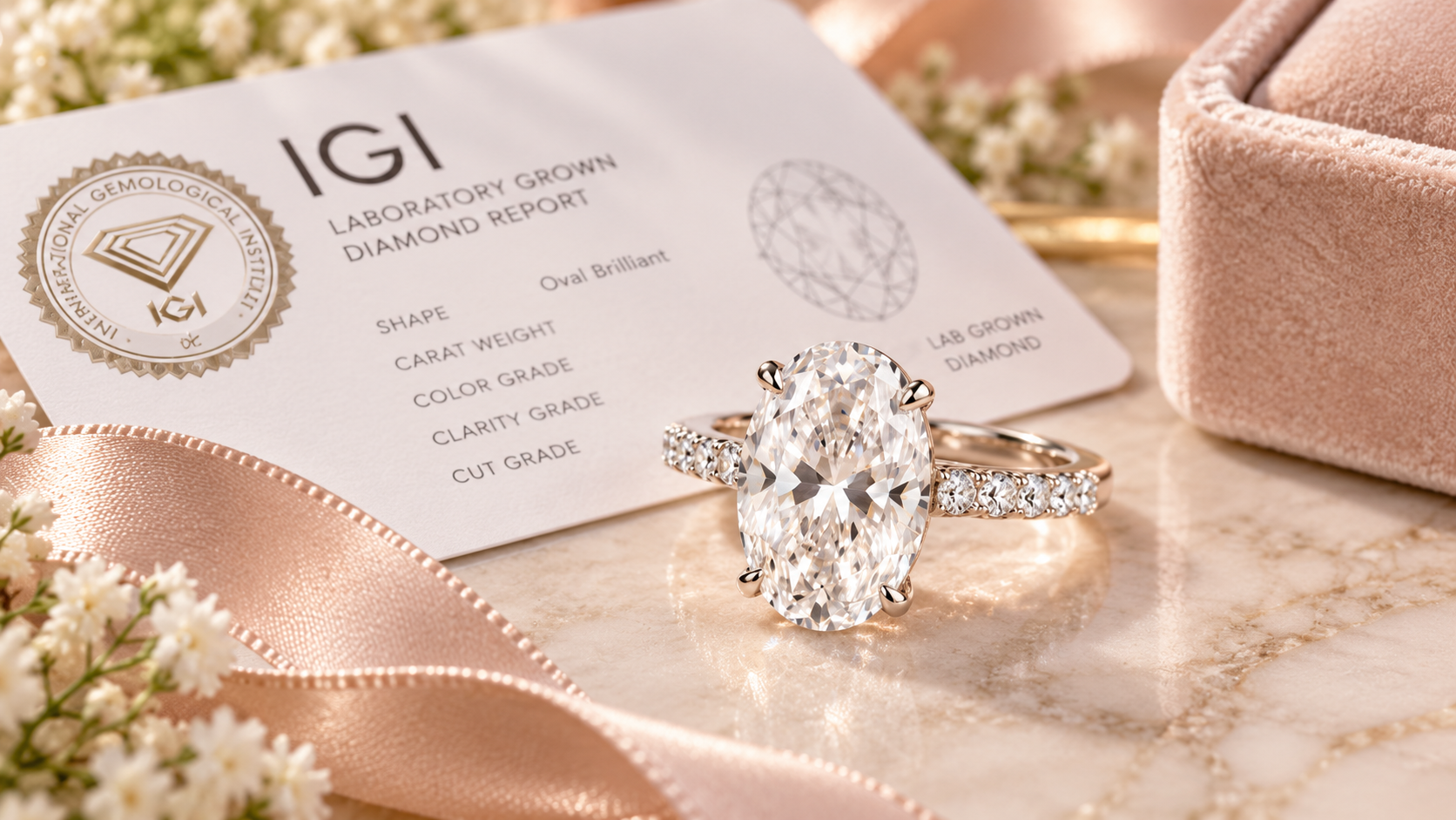 Rosec Jewels oval lab grown diamond engagement ring beside an IGI diamond report