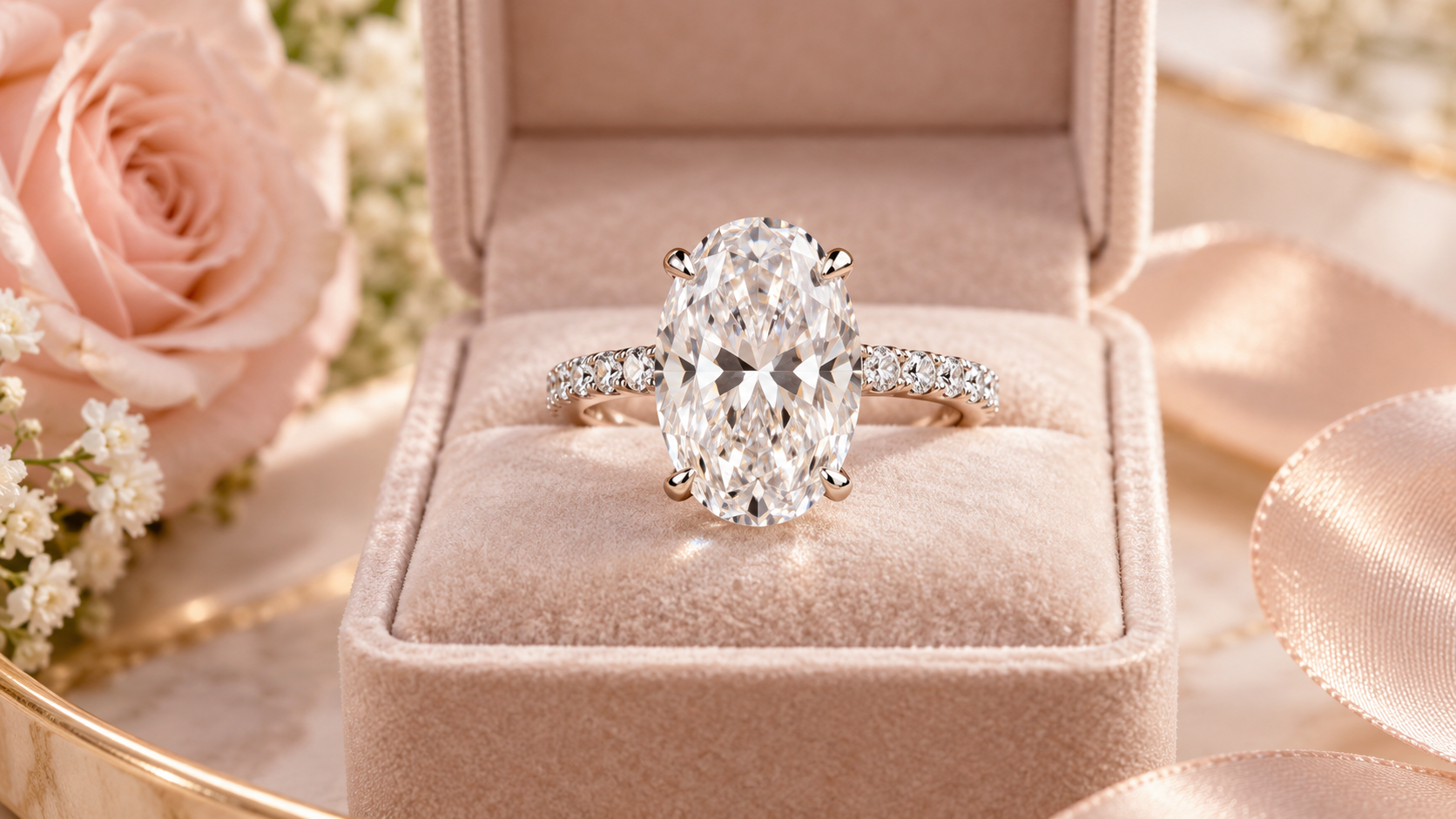 Rosec Jewels oval lab grown diamond engagement ring displayed in a pink jewelry box
