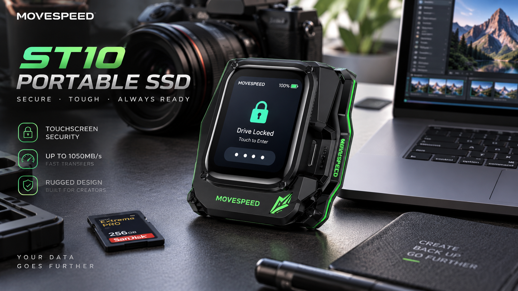 MOVESPEED ST10 portable SSD with touchscreen security beside a laptop and camera