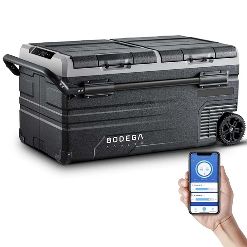 BODEGACOOLER portable car refrigerator with wheels and smartphone app control.