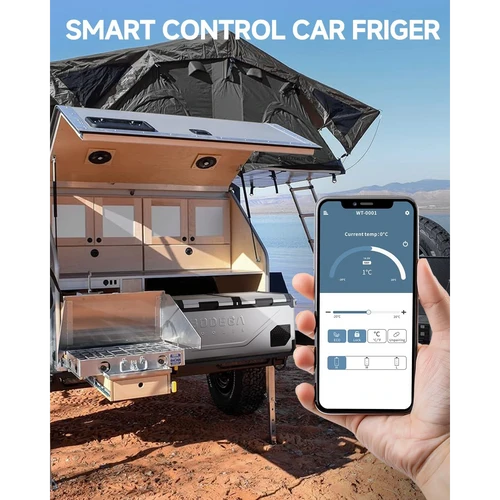 BODEGACOOLER smart-control car refrigerator shown with smartphone app control beside an overlanding vehicle.