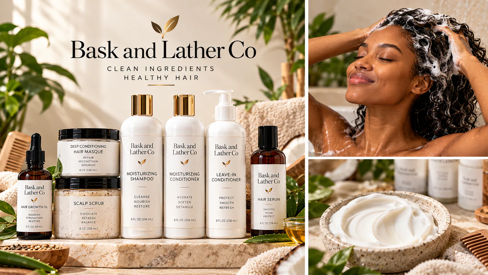 Eight products in the Bask and Lather Ultimate Healthy Hair Care Bundle