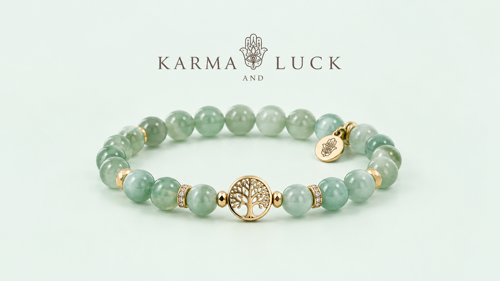 Karma and Luck green gemstone bracelet with gold tree of life charm