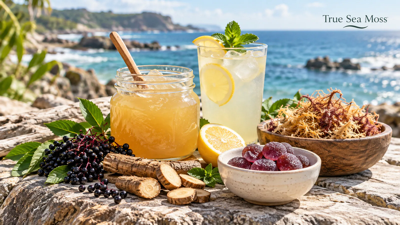 Selection of sea moss gels, electrolytes, gummies and raw sea moss