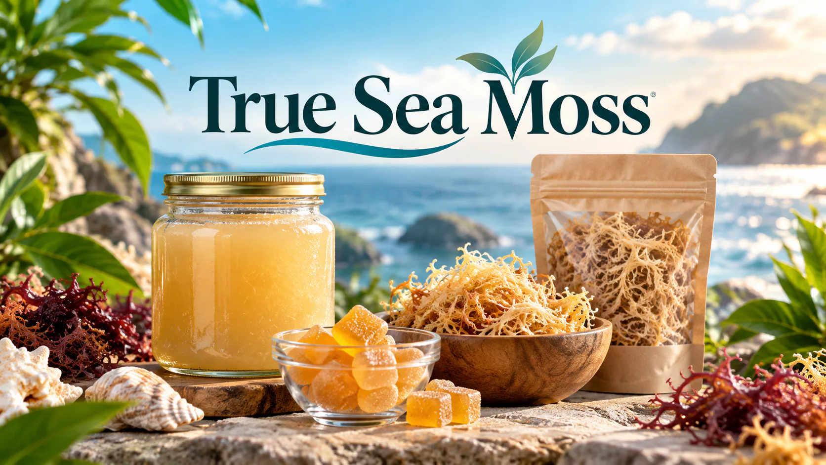 True Sea Moss products featuring sea moss gel, dried sea moss and gummies