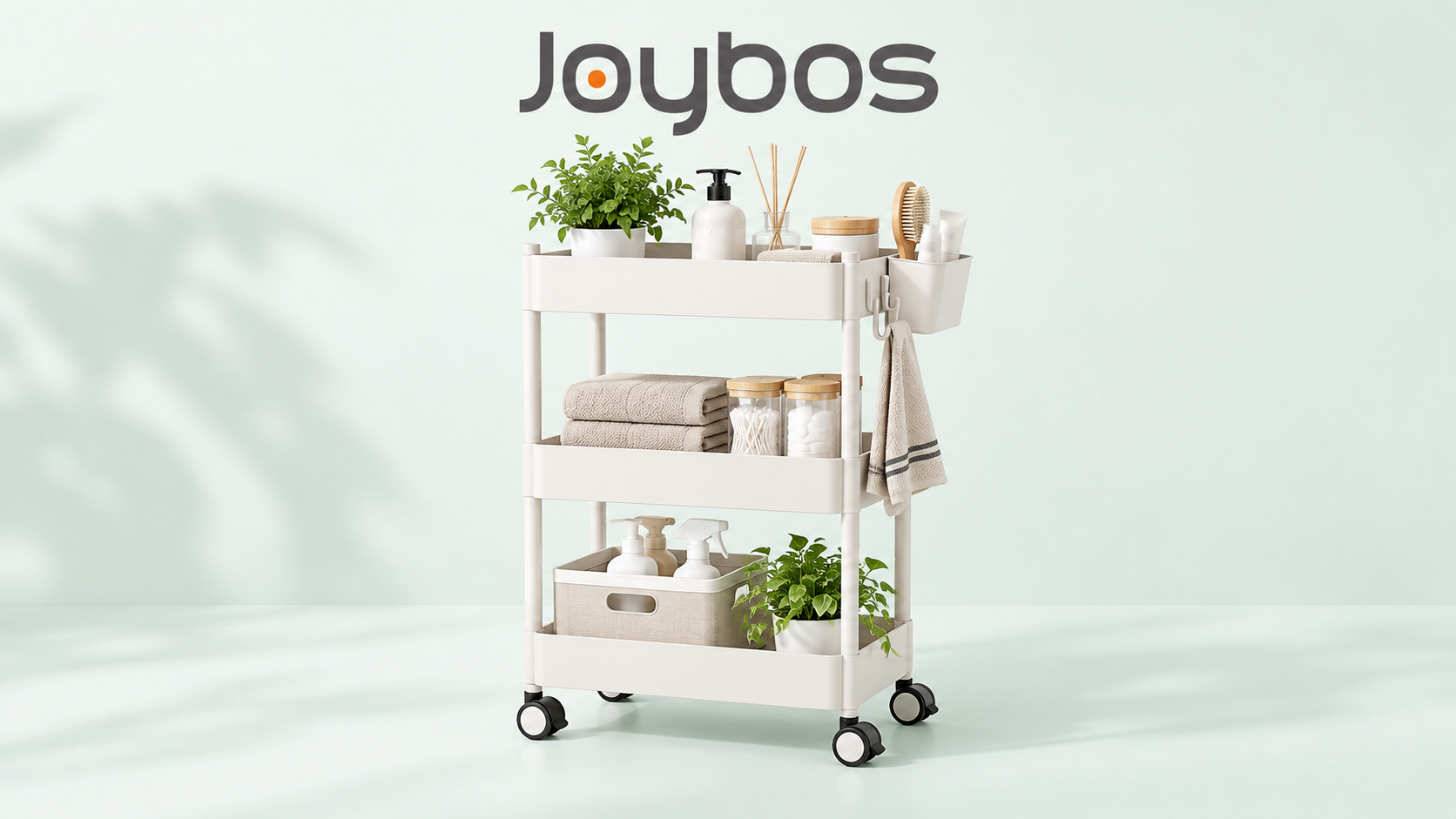 Joybos three-tier rolling storage cart with bathroom and home organization items