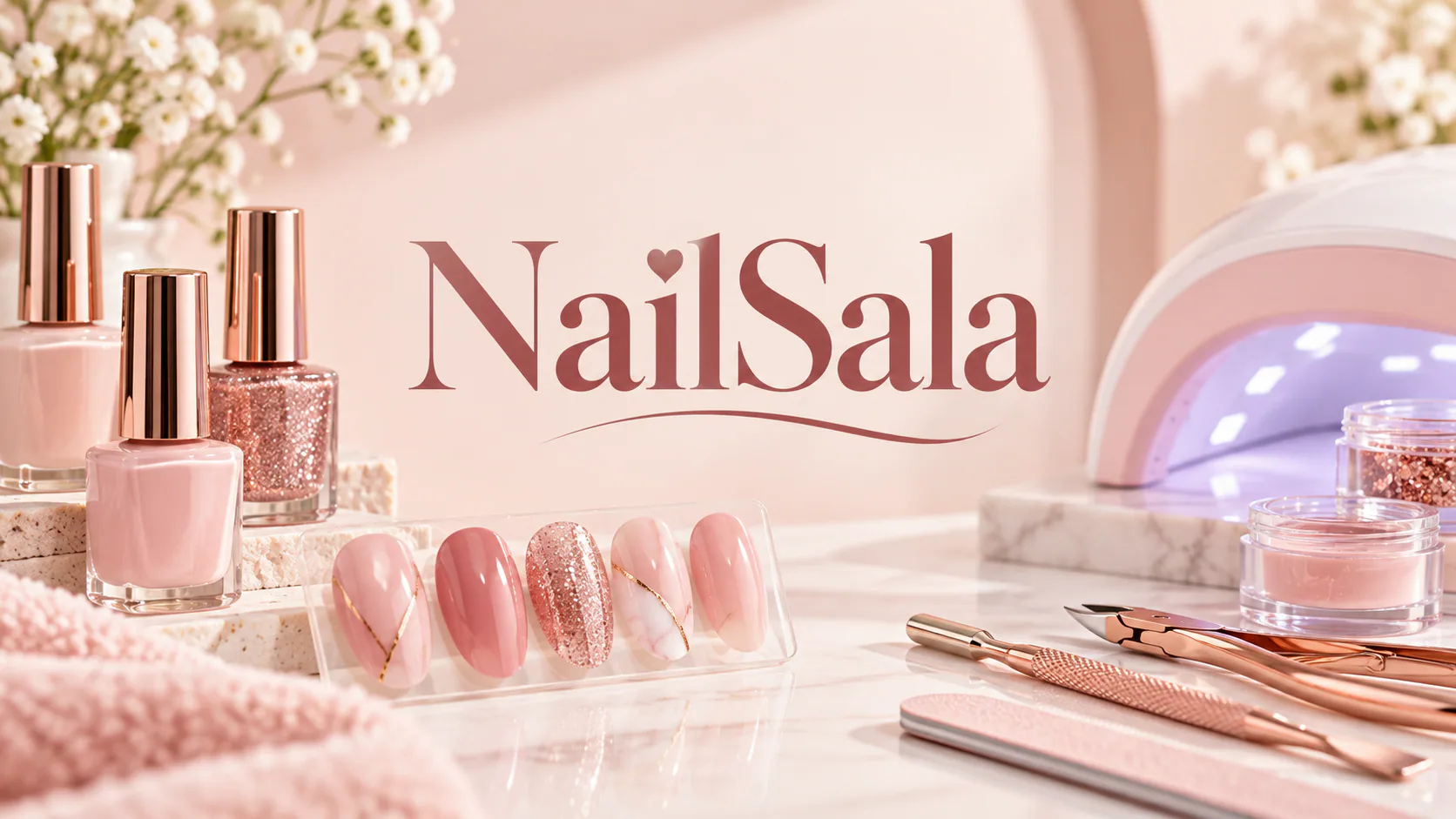 NailSala manicure collection with nail polish, press-on nails, manicure tools, and UV nail lamp on a soft pink background.
