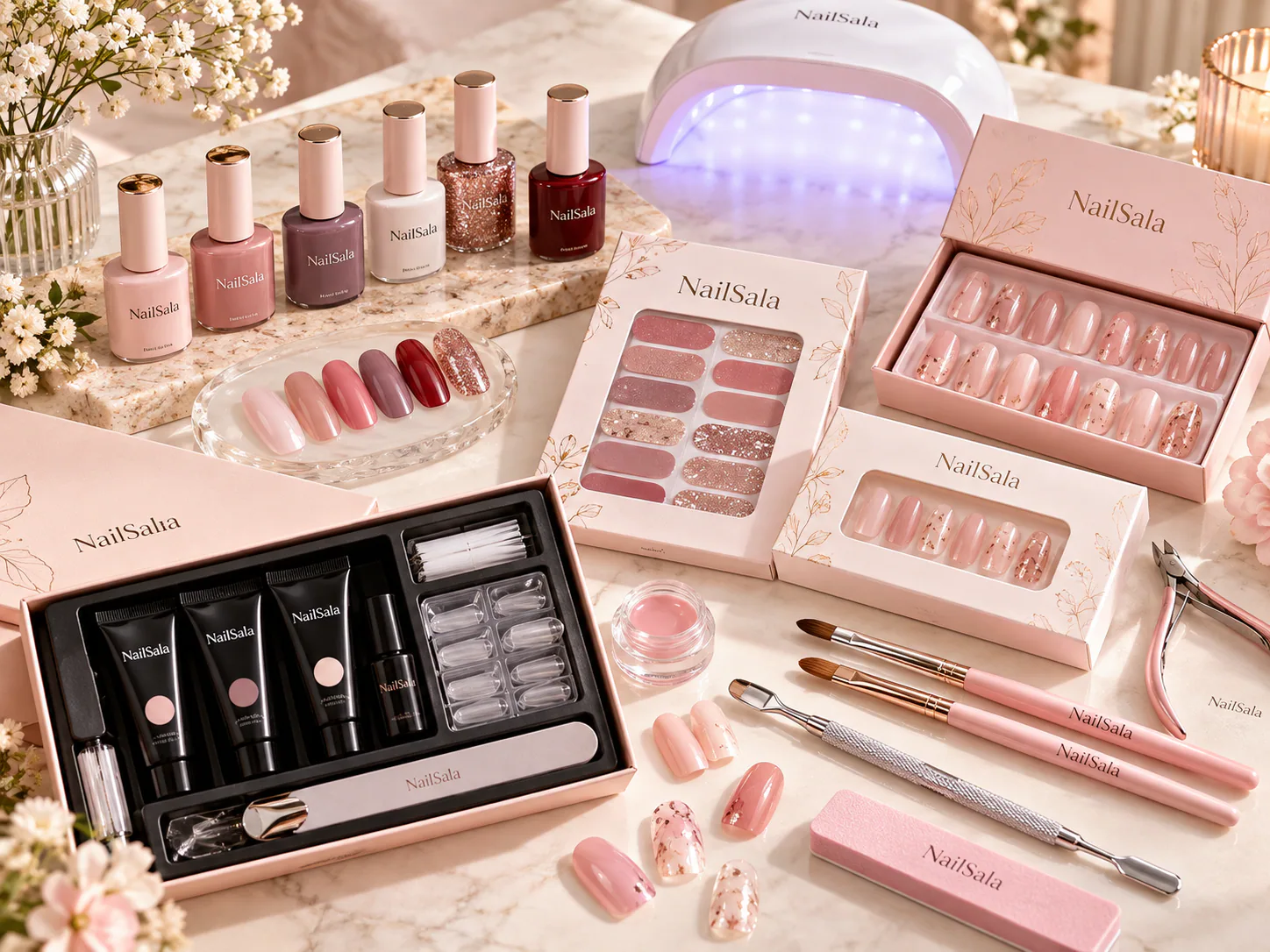 NailSala nail care collection with gel polish, press-on nails, manicure tools, and UV nail lamp
