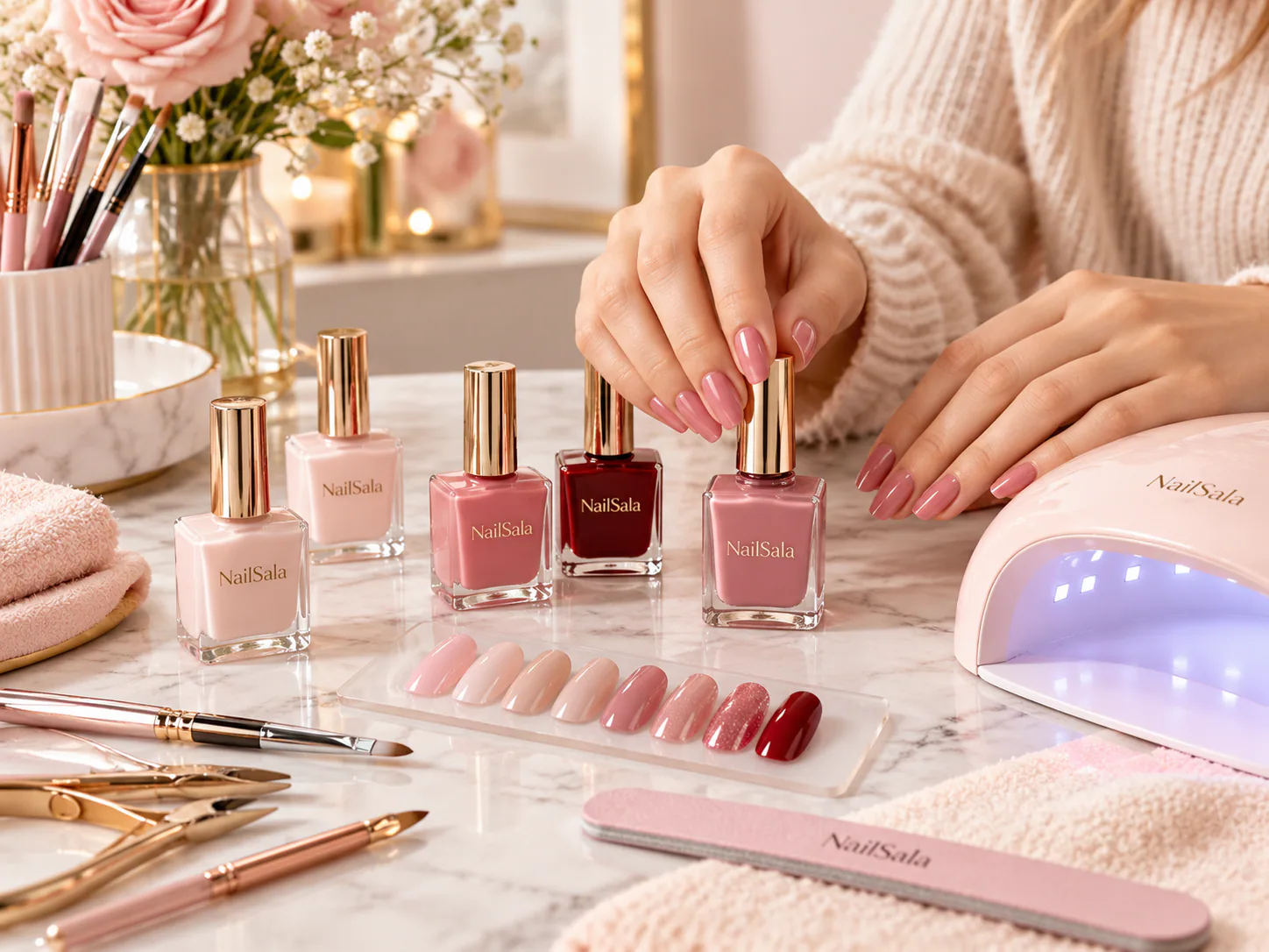 NailSala nail polish collection with manicure tools and UV nail lamp for at-home nail care