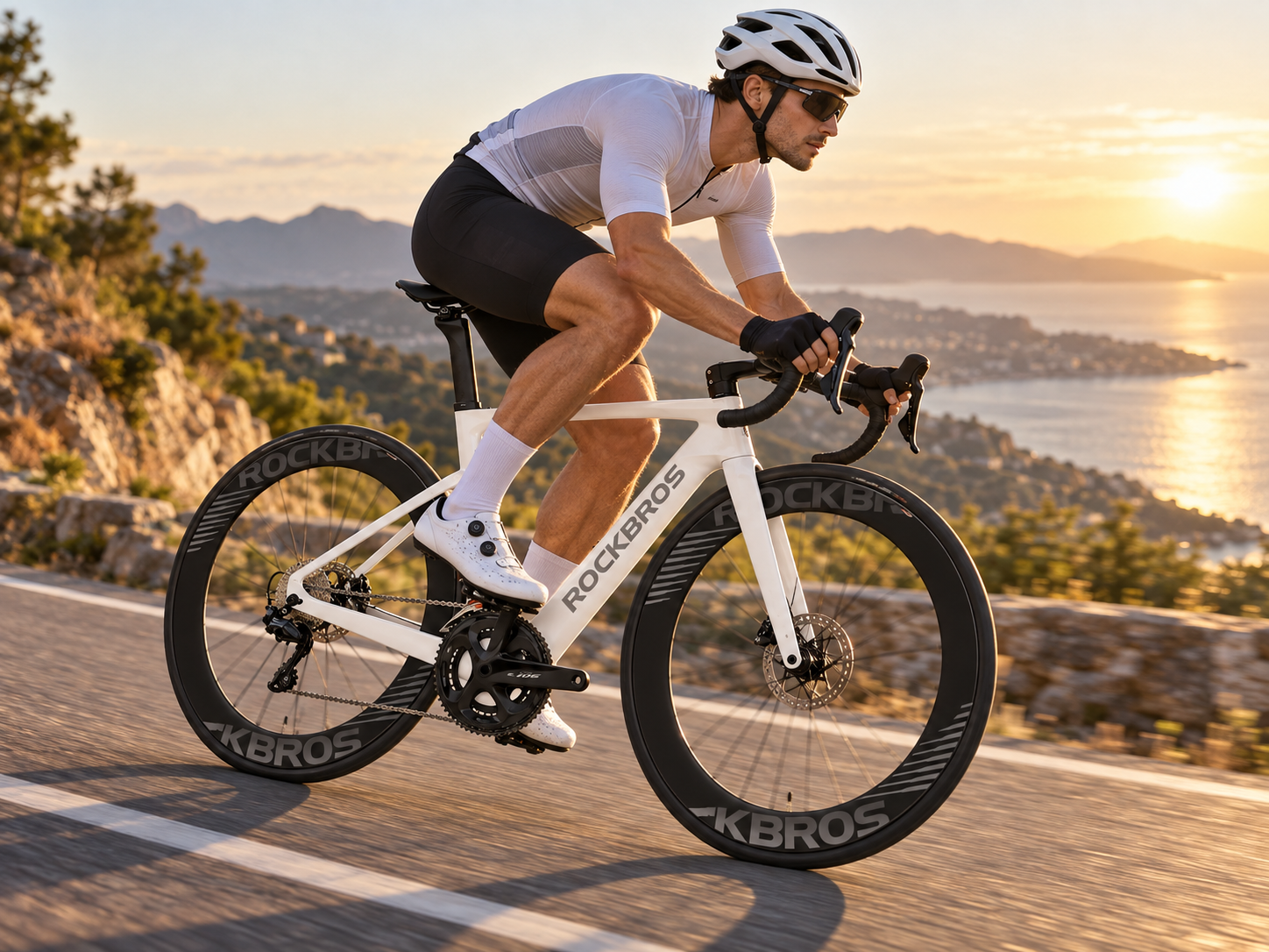 Cyclist riding a ROCKBROS PGZ carbon road bike with Shimano drivetrain