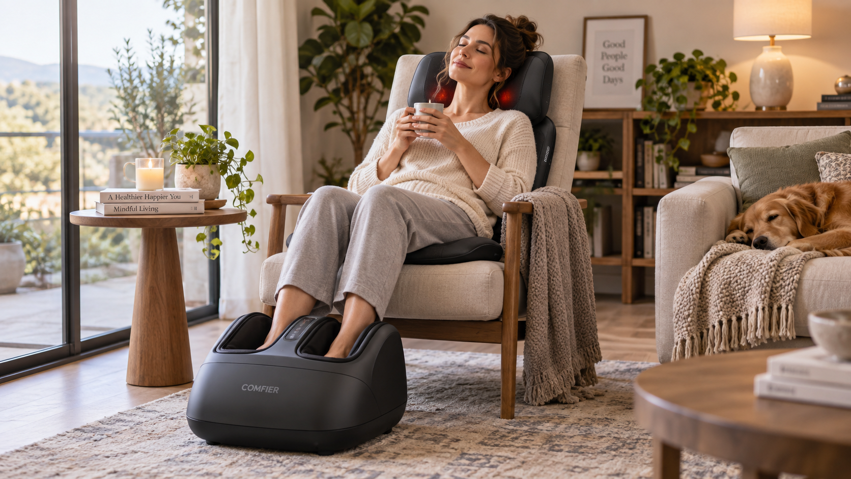 Woman relaxing in a chair while using a COMFIER foot massager at home