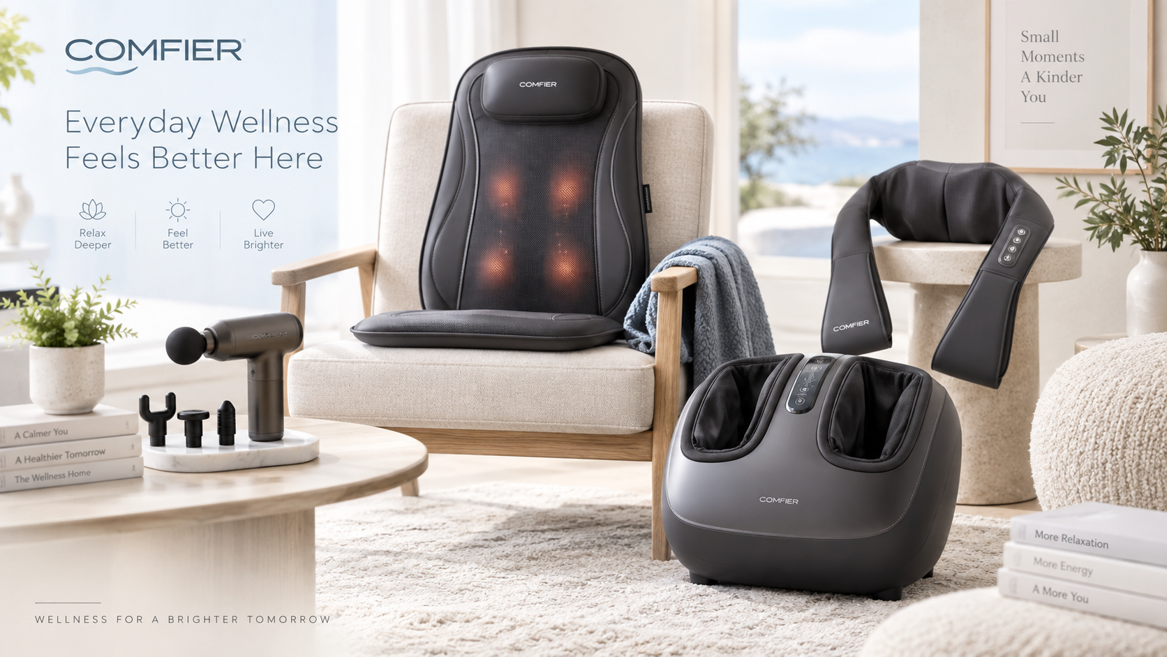 COMFIER massage seat cushion, neck massager, and foot massager displayed in a home setting