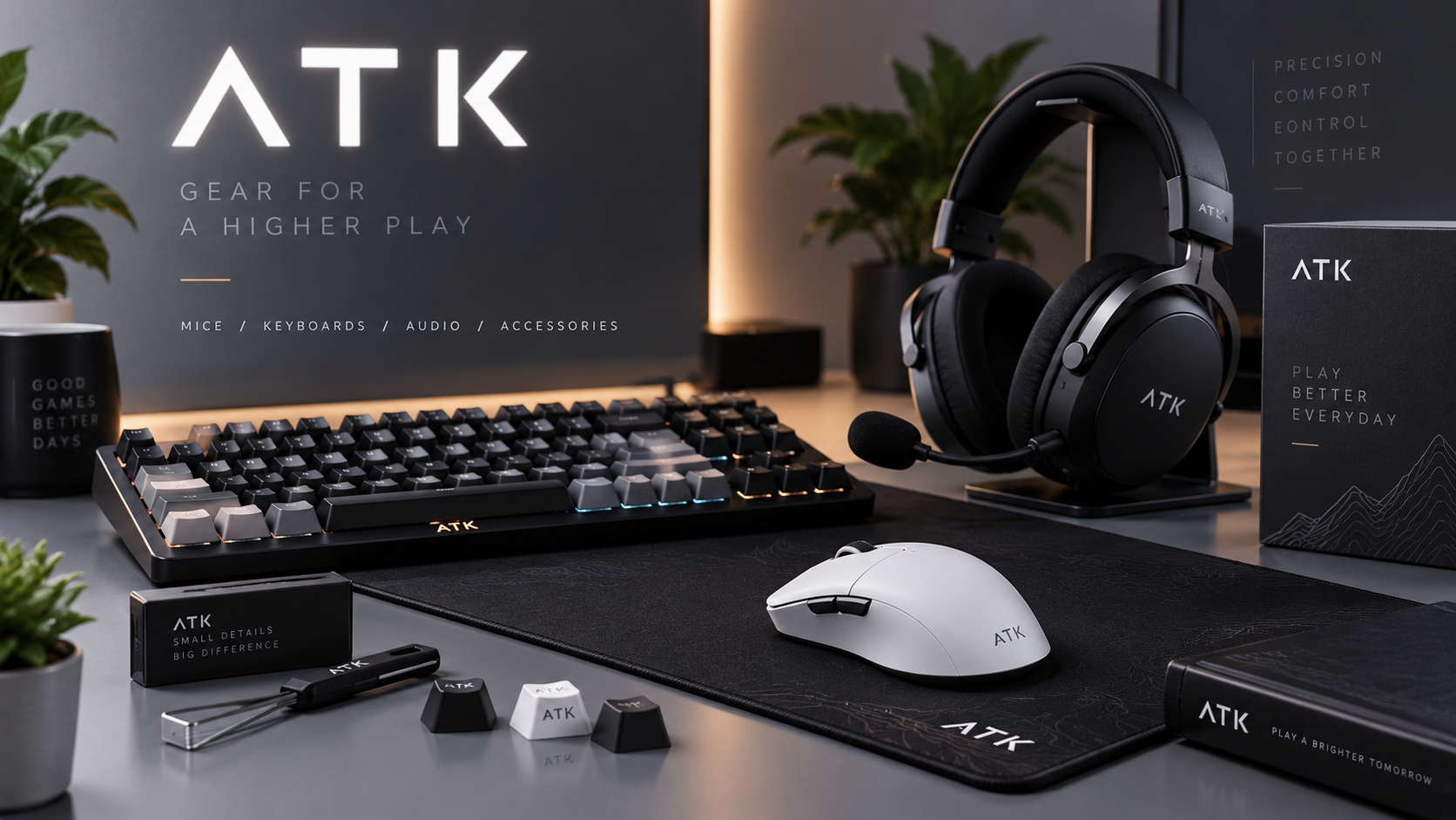 ATK gaming peripherals including keyboard, mouse, headset, and accessories
