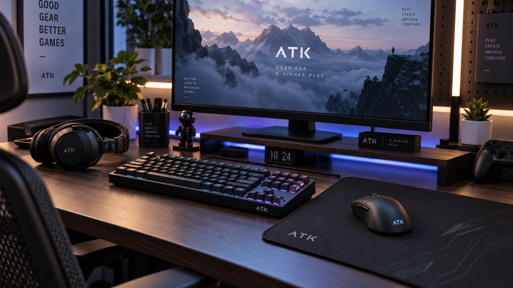 ATK gaming desk setup with monitor, keyboard, mouse, headset, and desk mat