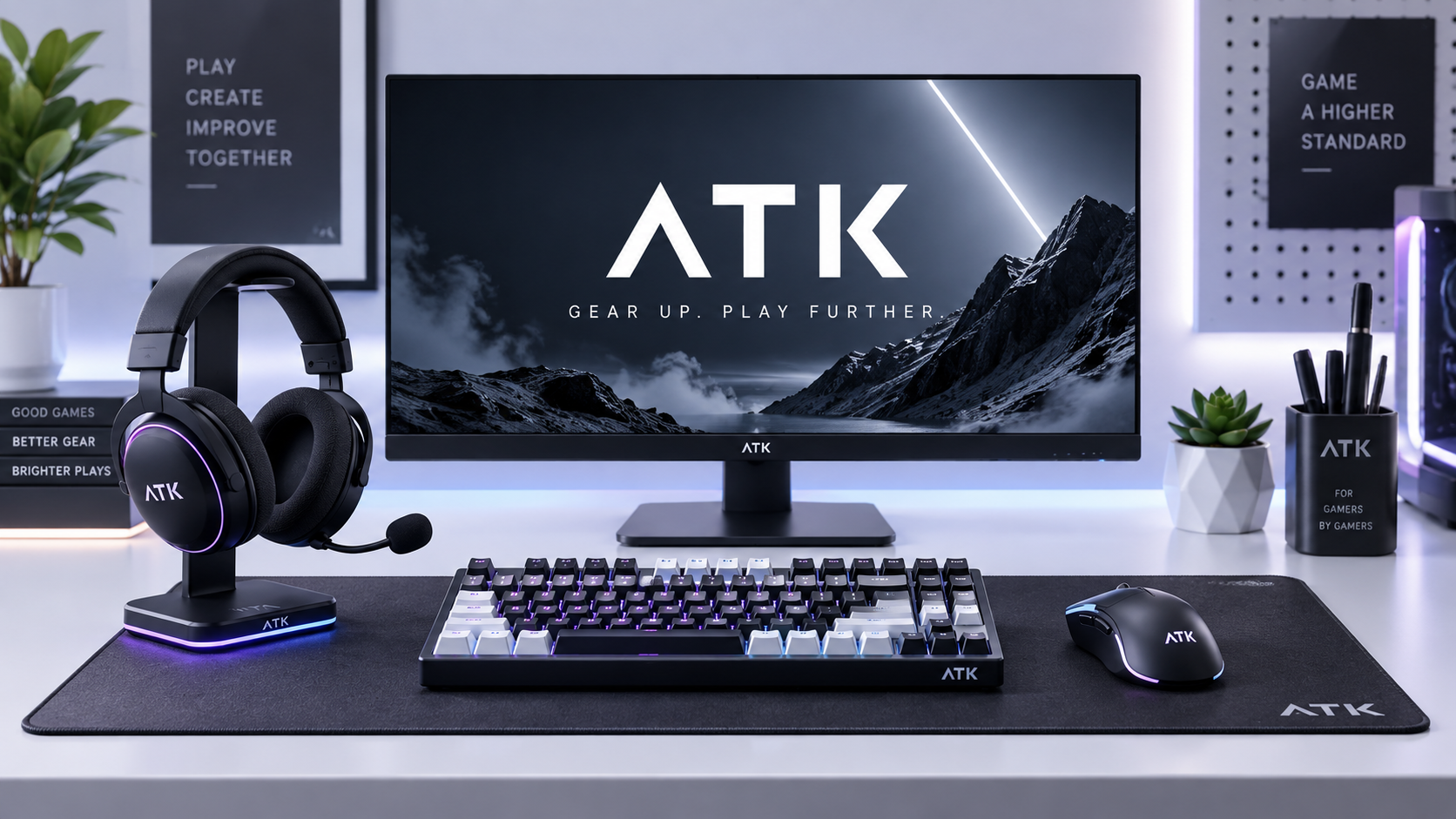 ATK gaming setup with monitor, keyboard, mouse, headset, and desk mat