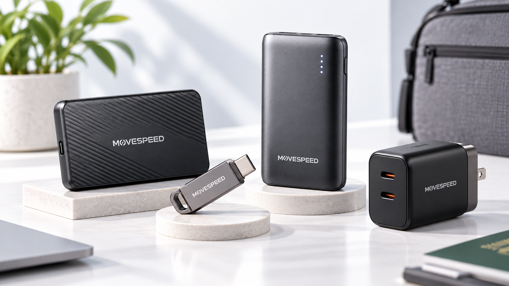 MOVESPEED portable SSD, power bank, USB drive, and dual-port wall charger