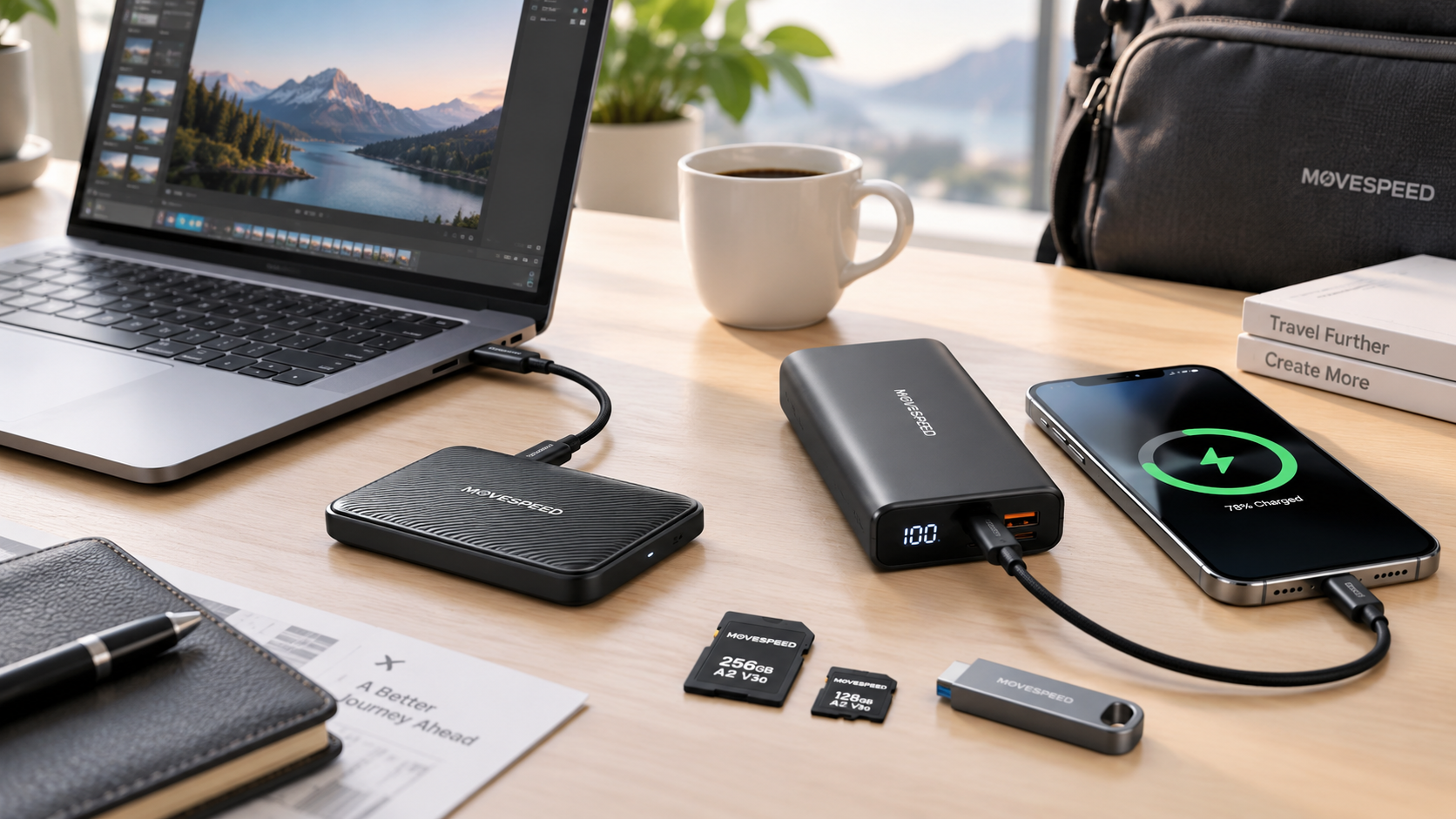 MOVESPEED portable SSD, power bank, memory cards, and charging accessories connected beside a laptop