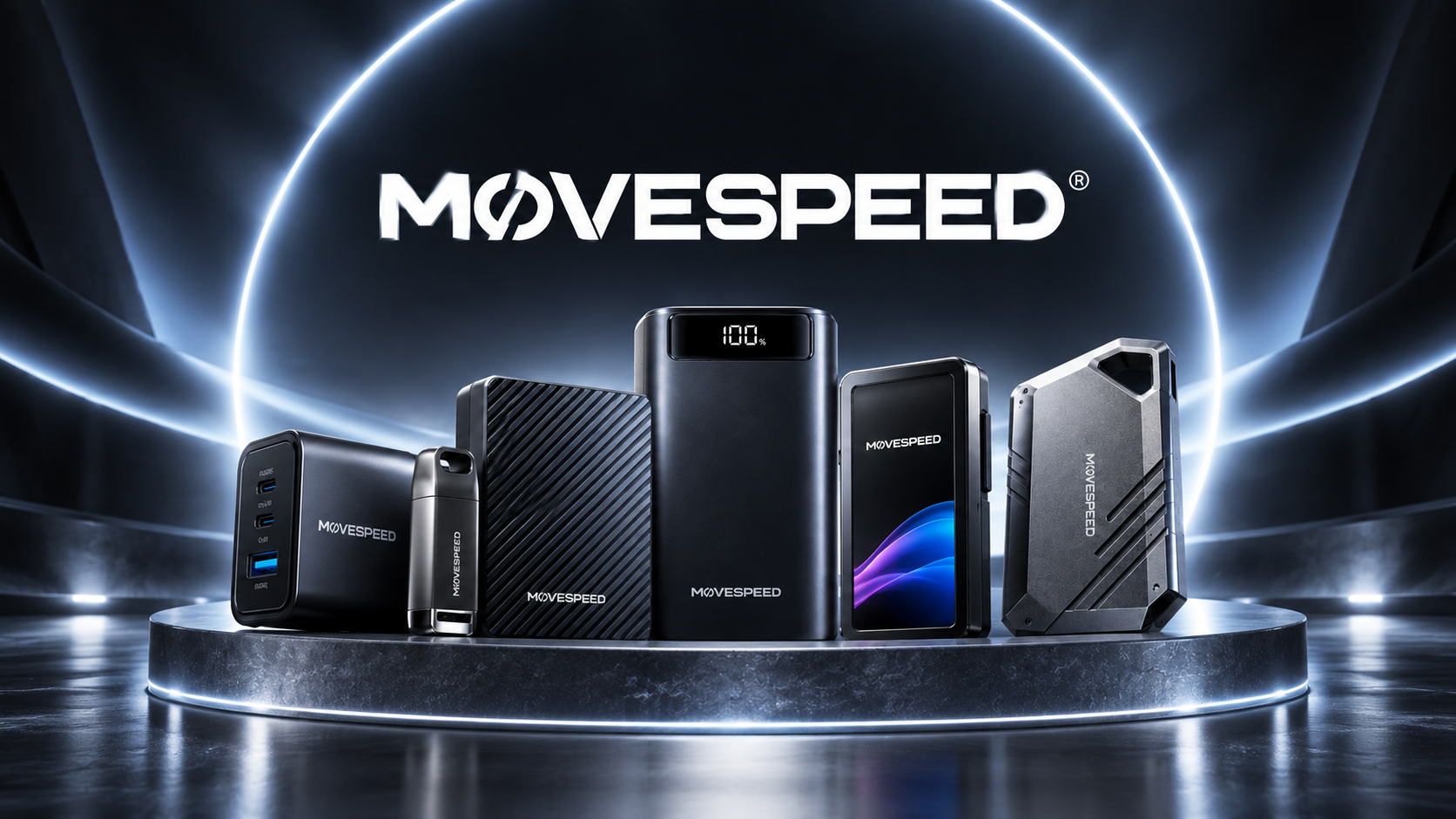 MOVESPEED portable power, storage, and charging products displayed together