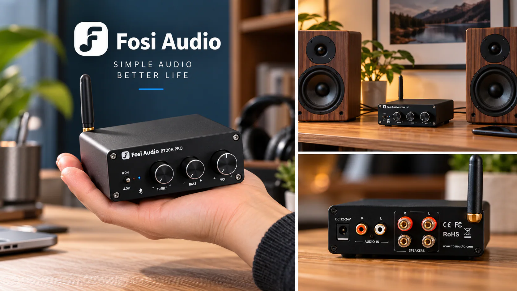 Compact Fosi Audio amplifier held in one hand