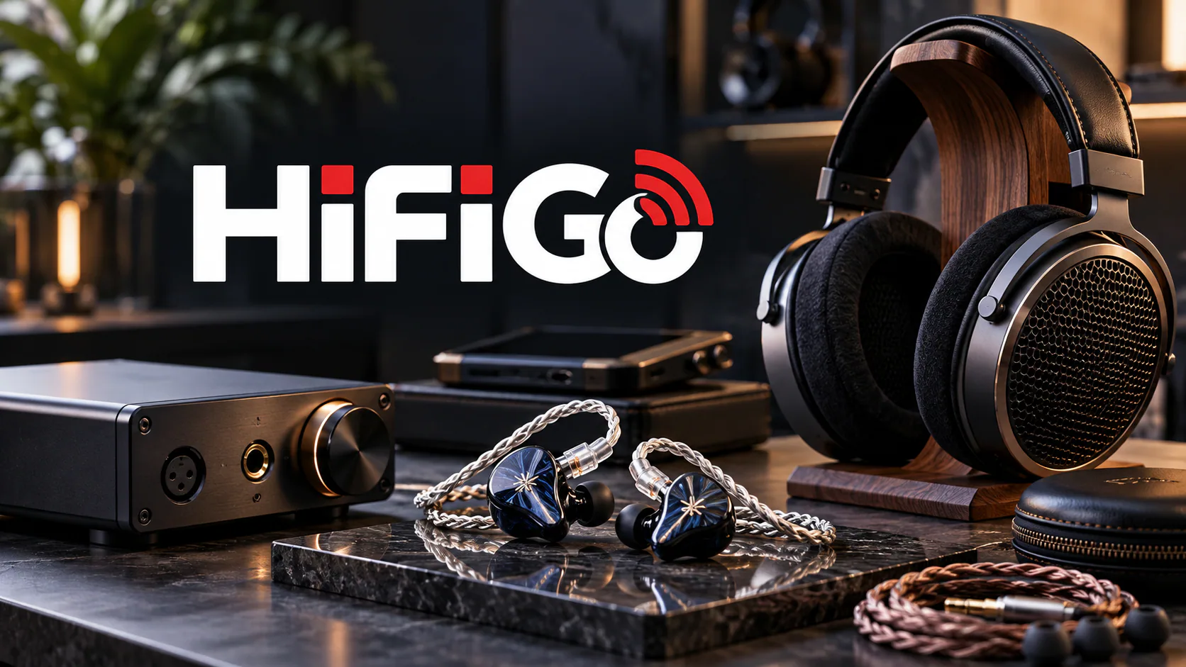 HiFiGo audio gear featuring headphones, in-ear monitors and headphone amplifier