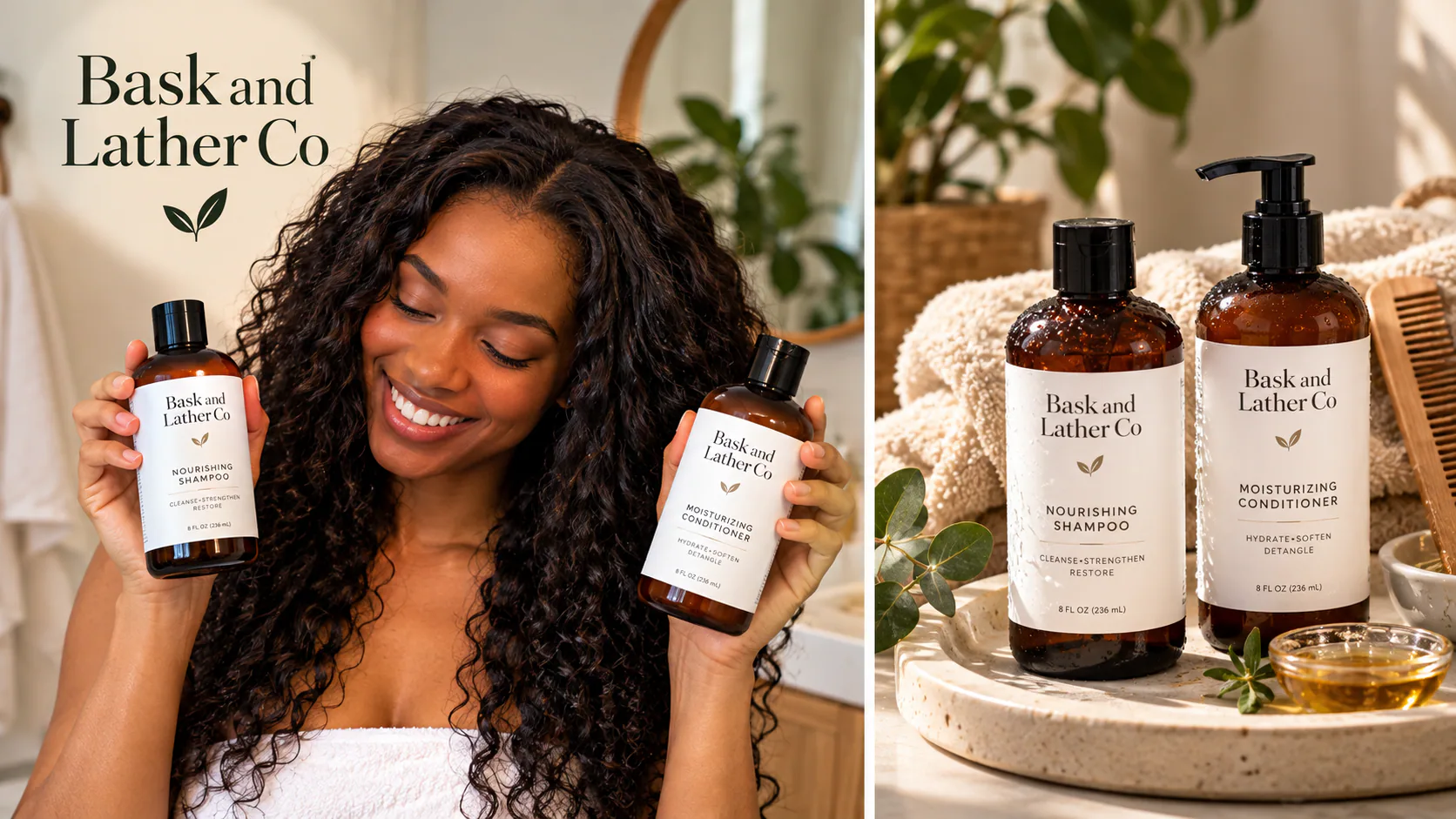 Woman holding two Bask and Lather Co hair care bottles