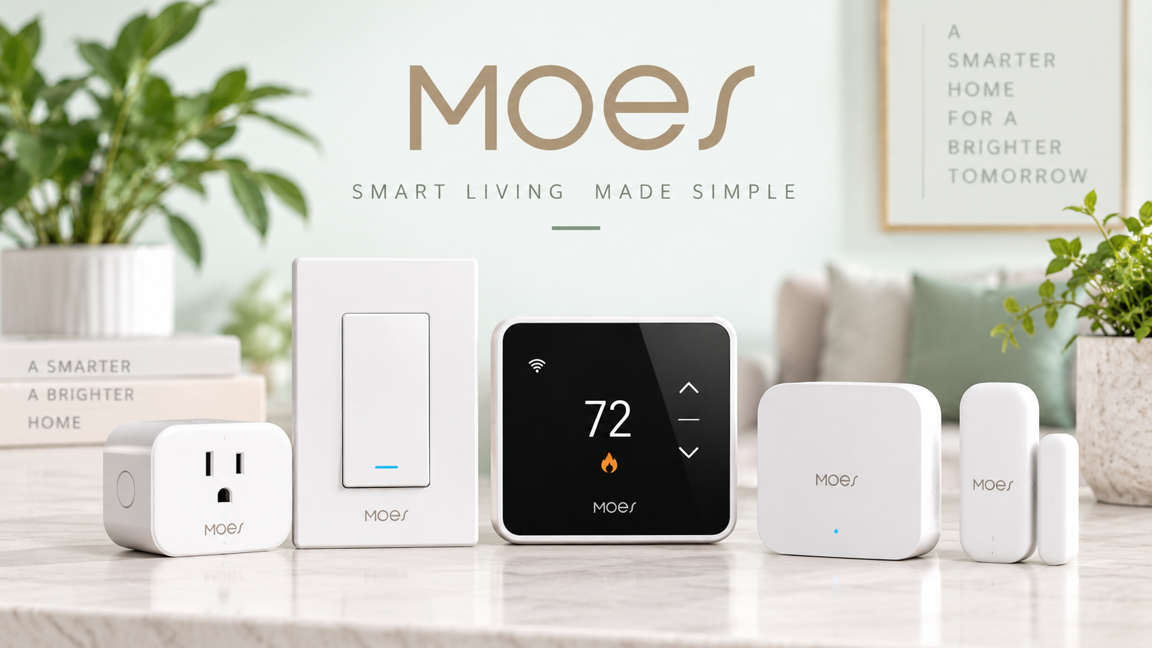 MOES smart home devices including smart plug, switch, thermostat, hub, and door sensor