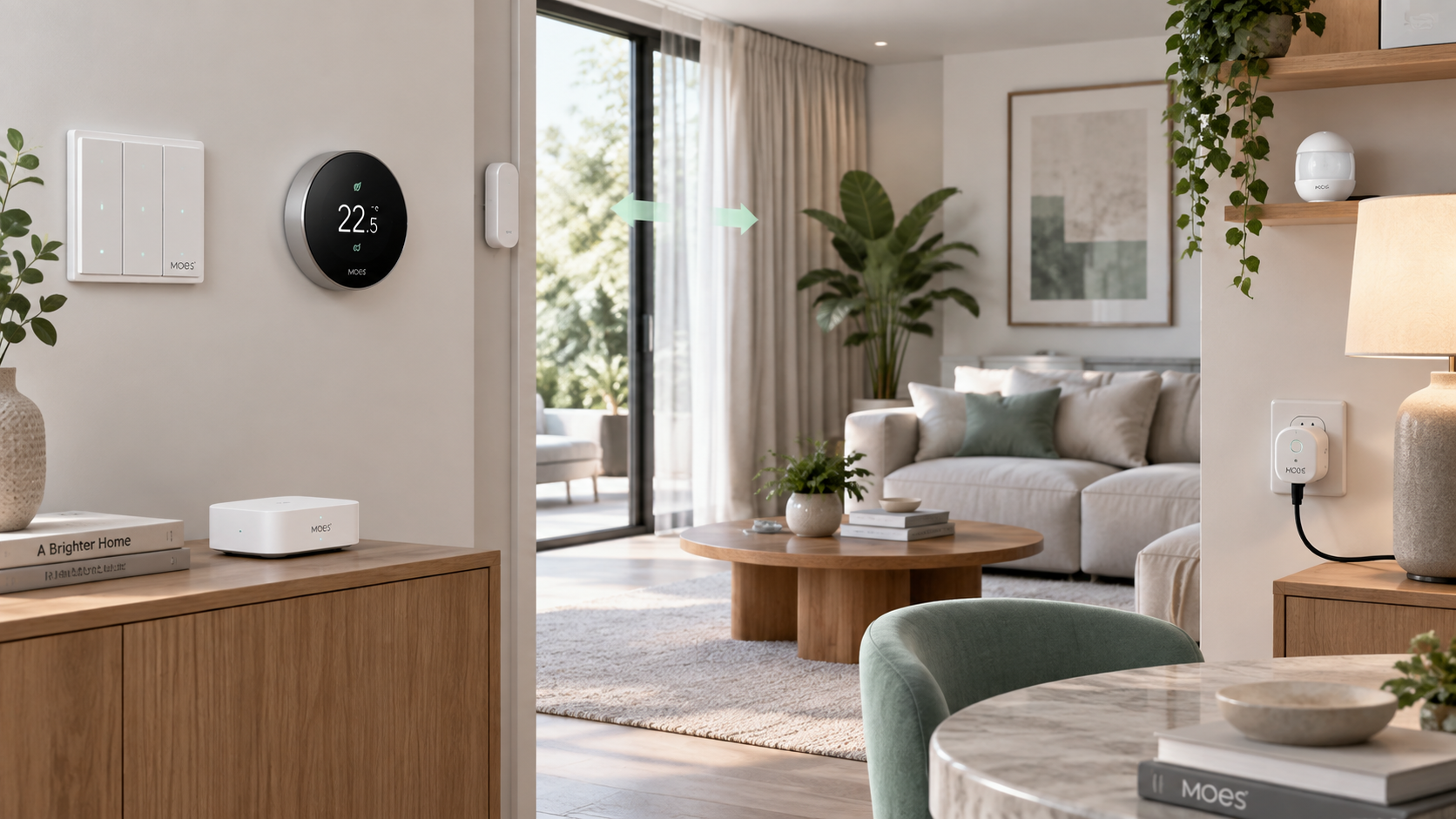 MOES smart home devices including switches, thermostat, sensors, hub, camera, and smart plug