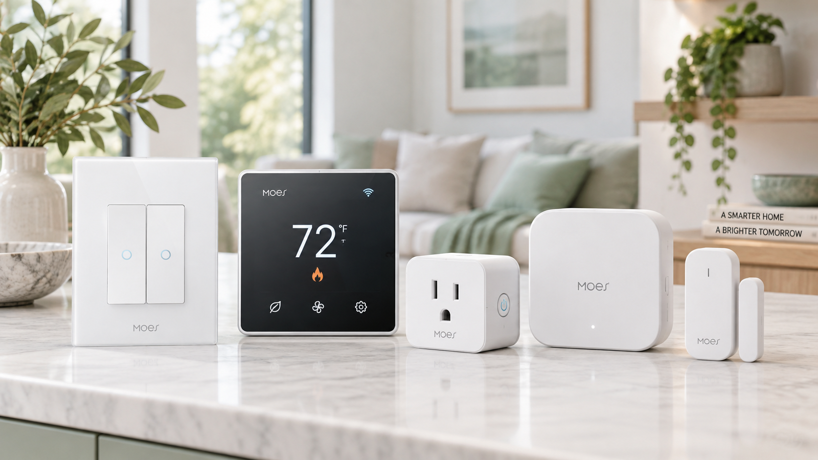 MOES smart home collection with smart switch, thermostat, plug, hub, and door sensor
