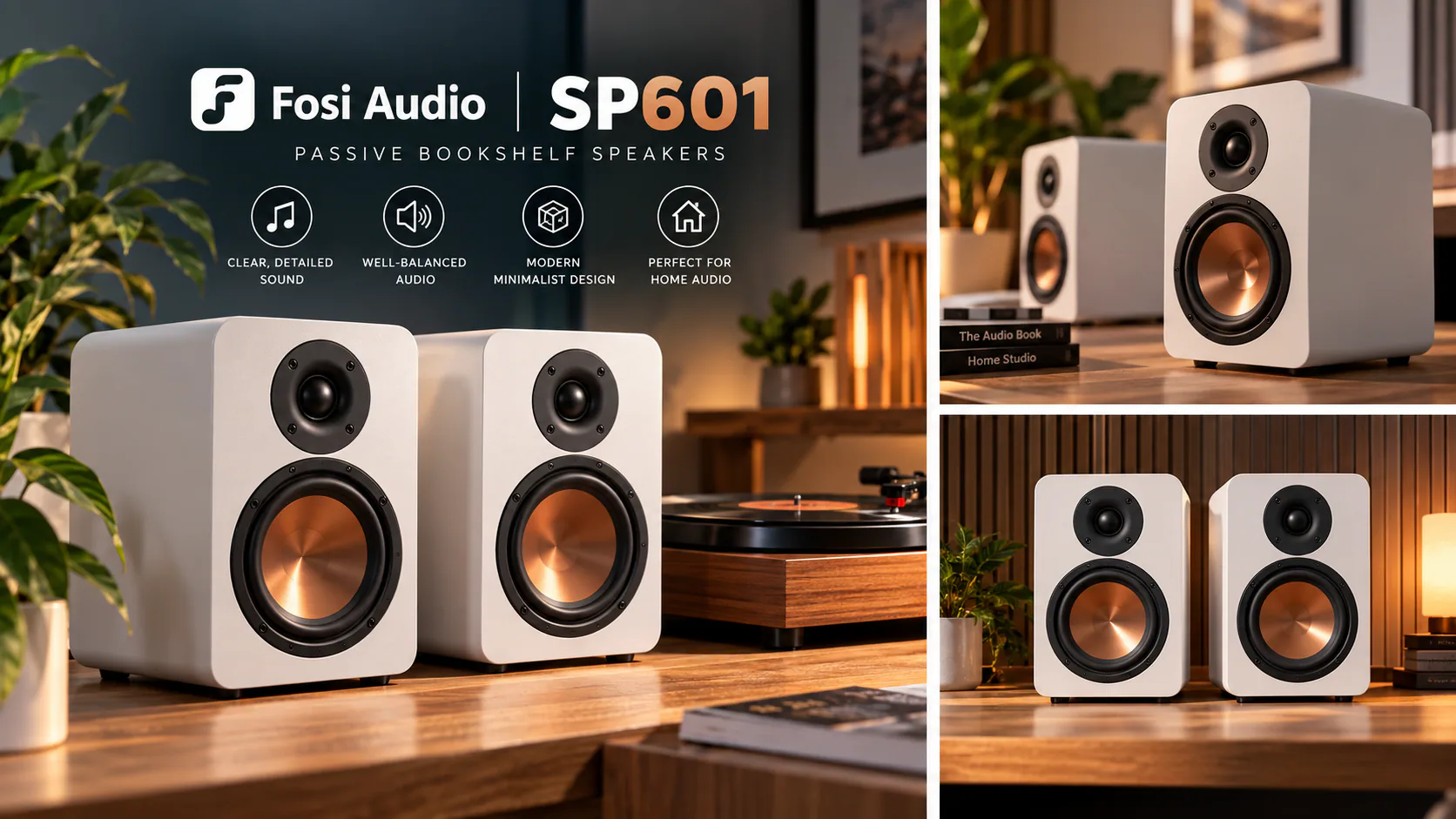 Pair of white Fosi Audio SP601 passive bookshelf speakers