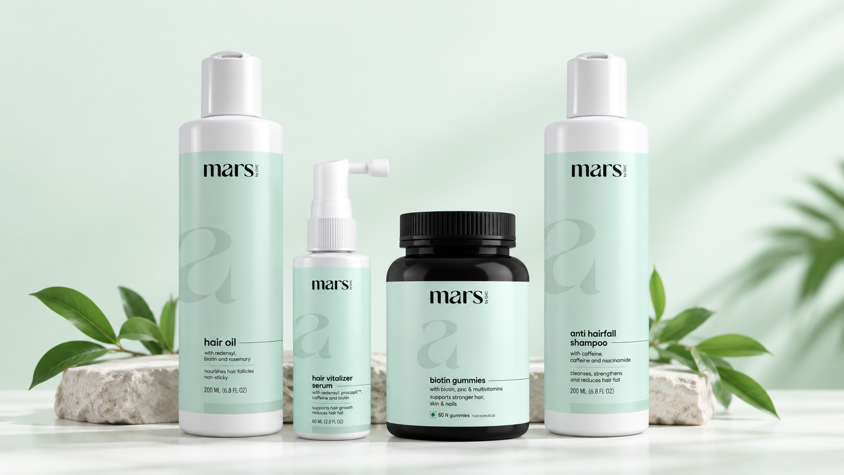 Mars hair care products including shampoo, hair oil, hair vitamins, and biotin gummies