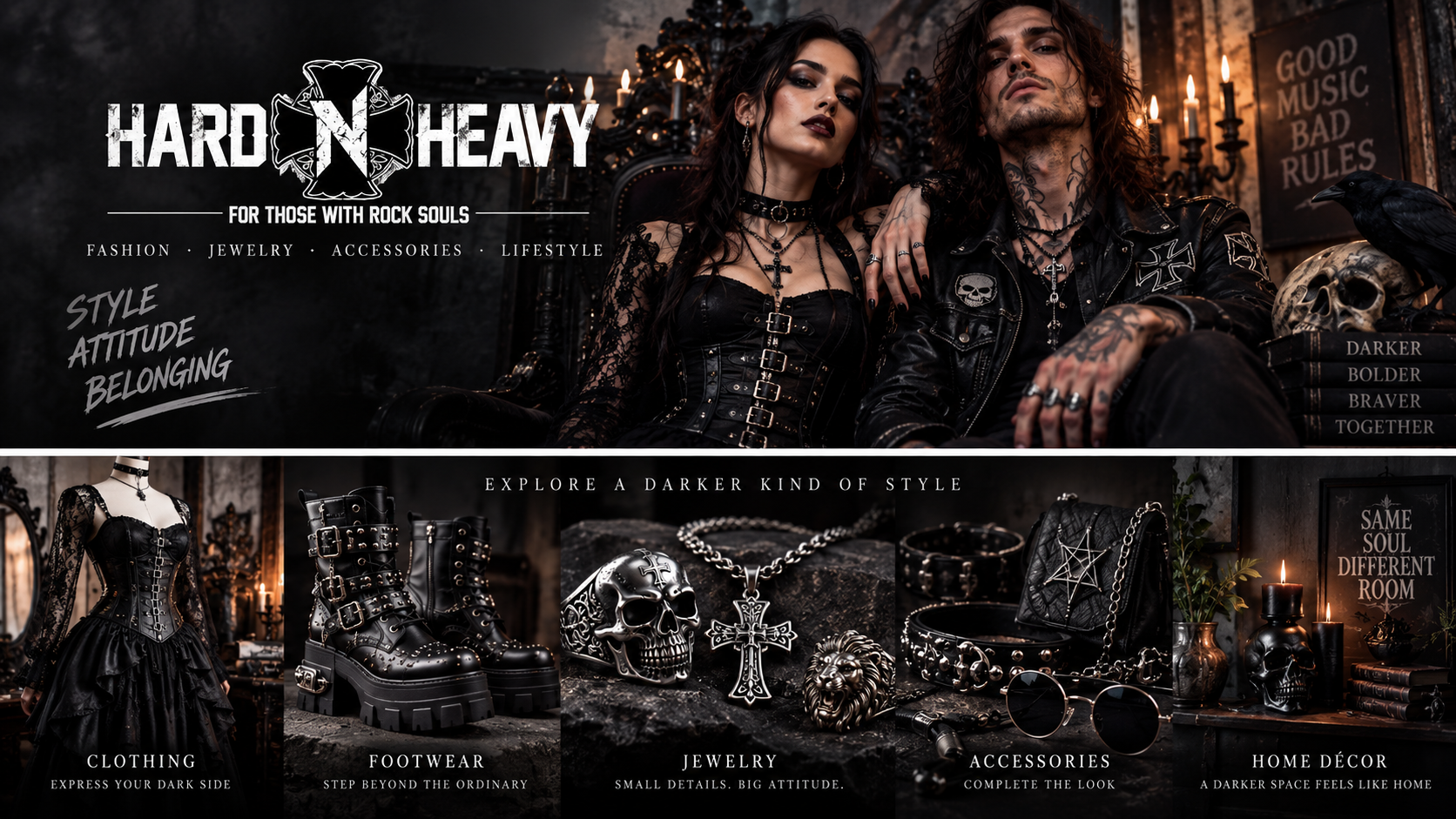 Hard N Heavy gothic fashion collection with clothing, boots, jewelry, accessories, and dark home decor