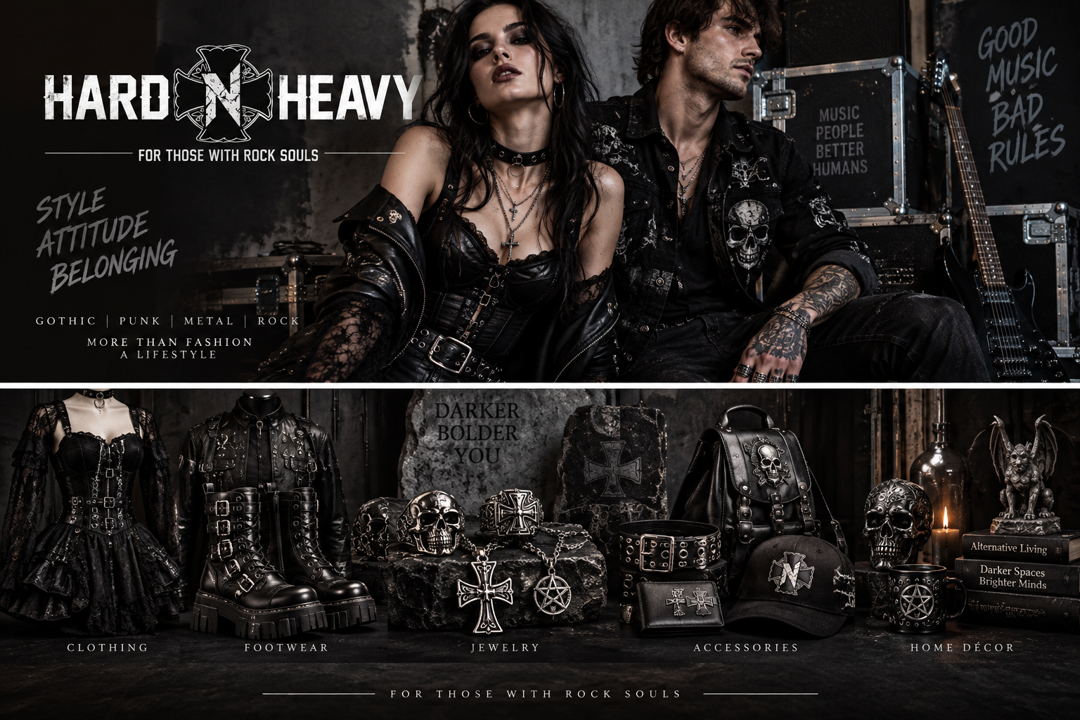 Hard N Heavy gothic fashion collection with clothing, boots, jewelry, accessories, and home decor