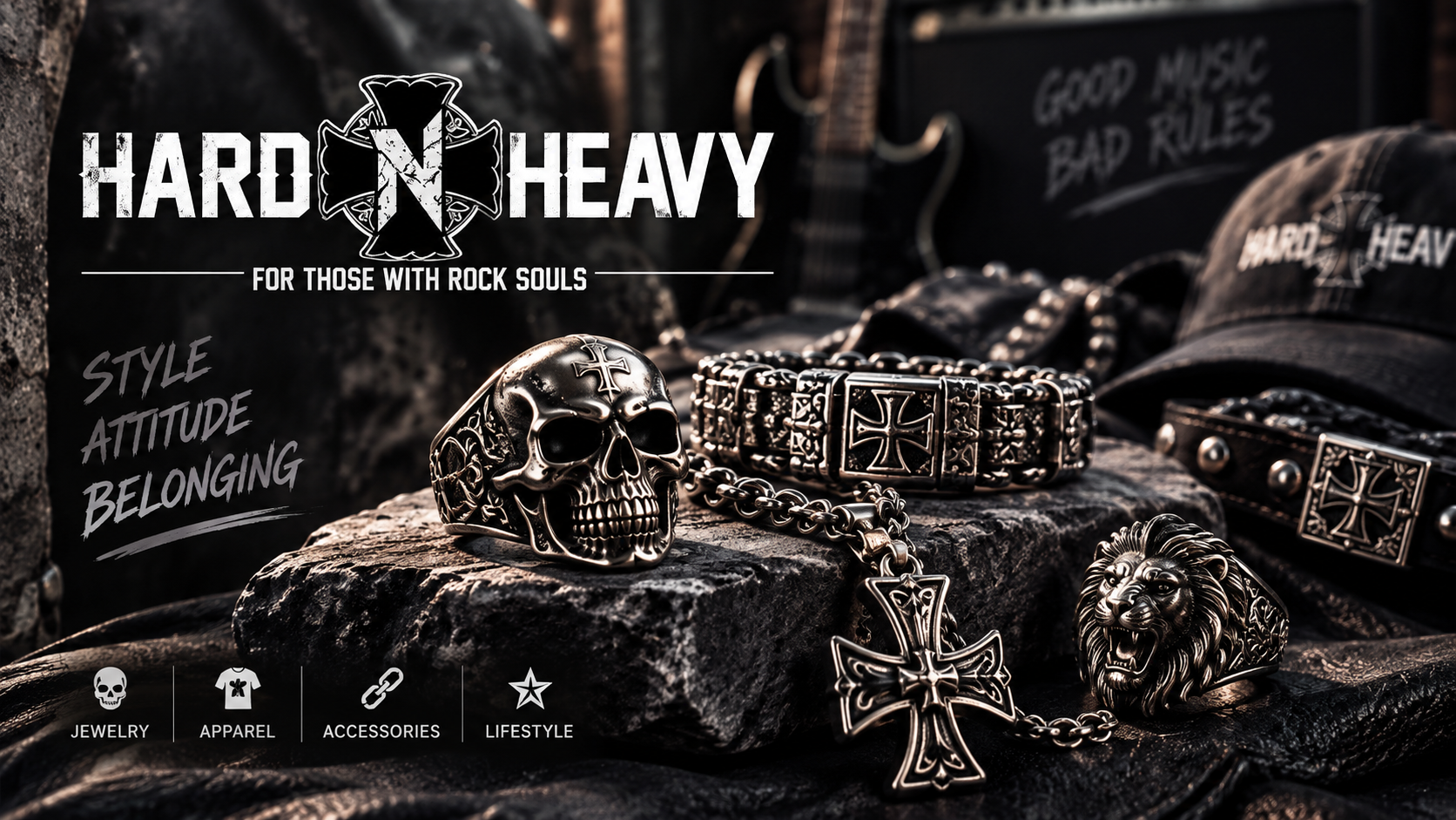 Hard N Heavy gothic jewelry collection with skull ring, cross necklace, bracelet, and lion ring