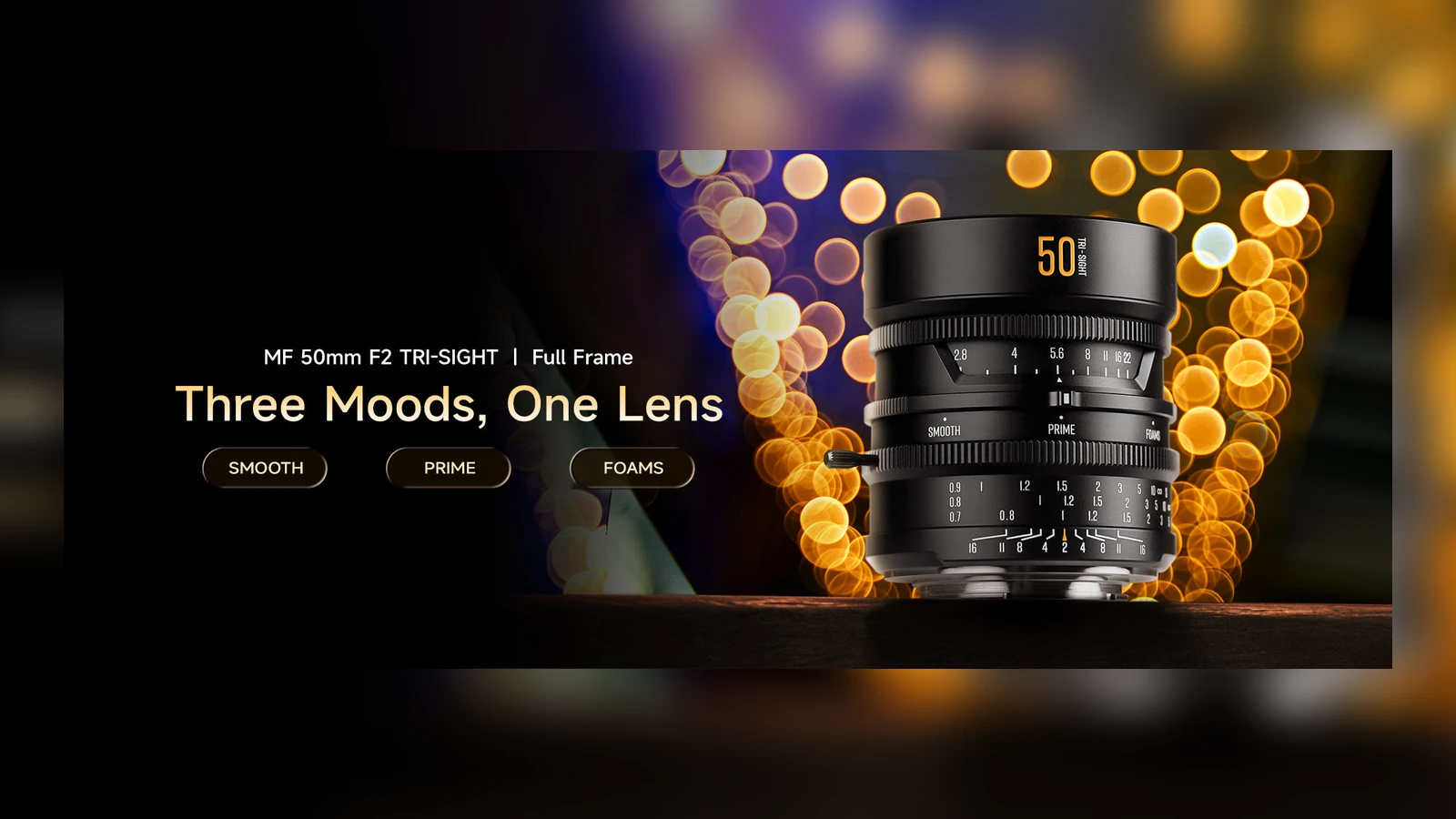 Brightin Star TRI-SIGHT lens campaign showing the lens and three circular artistic views