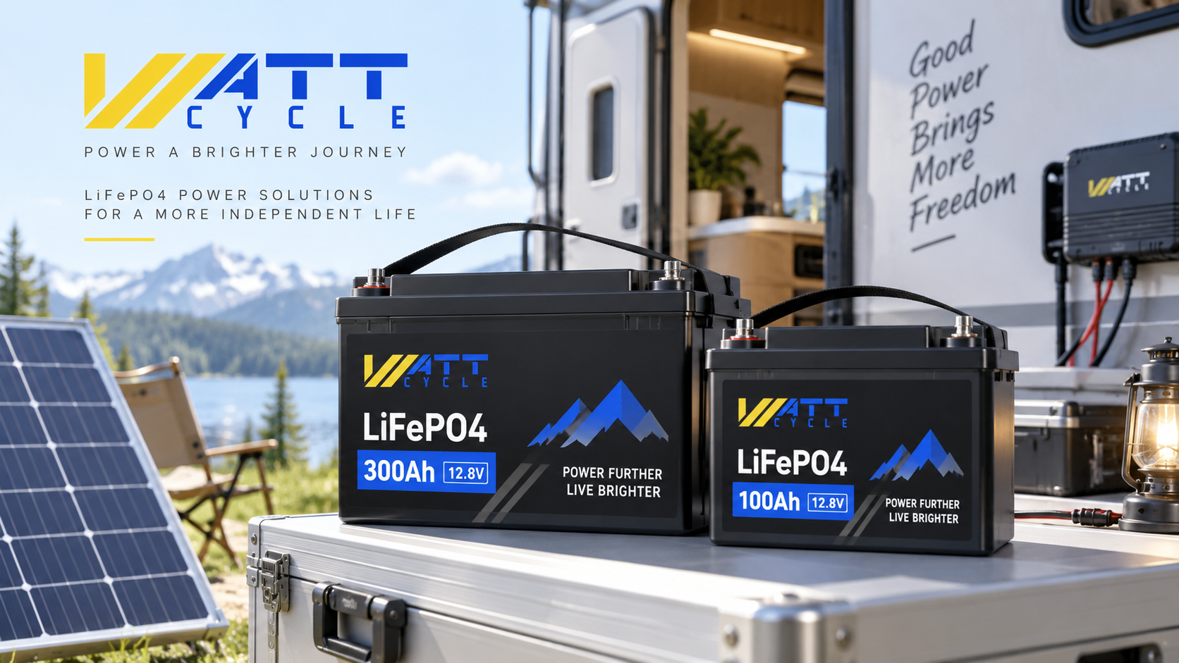 WattCycle LiFePO4 batteries for RV and off-grid power beside a solar panel