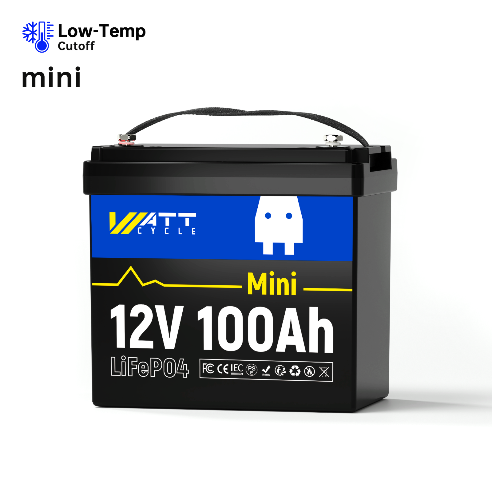 WattCycle 12V 100Ah Mini LiFePO4 battery shown on the official product page