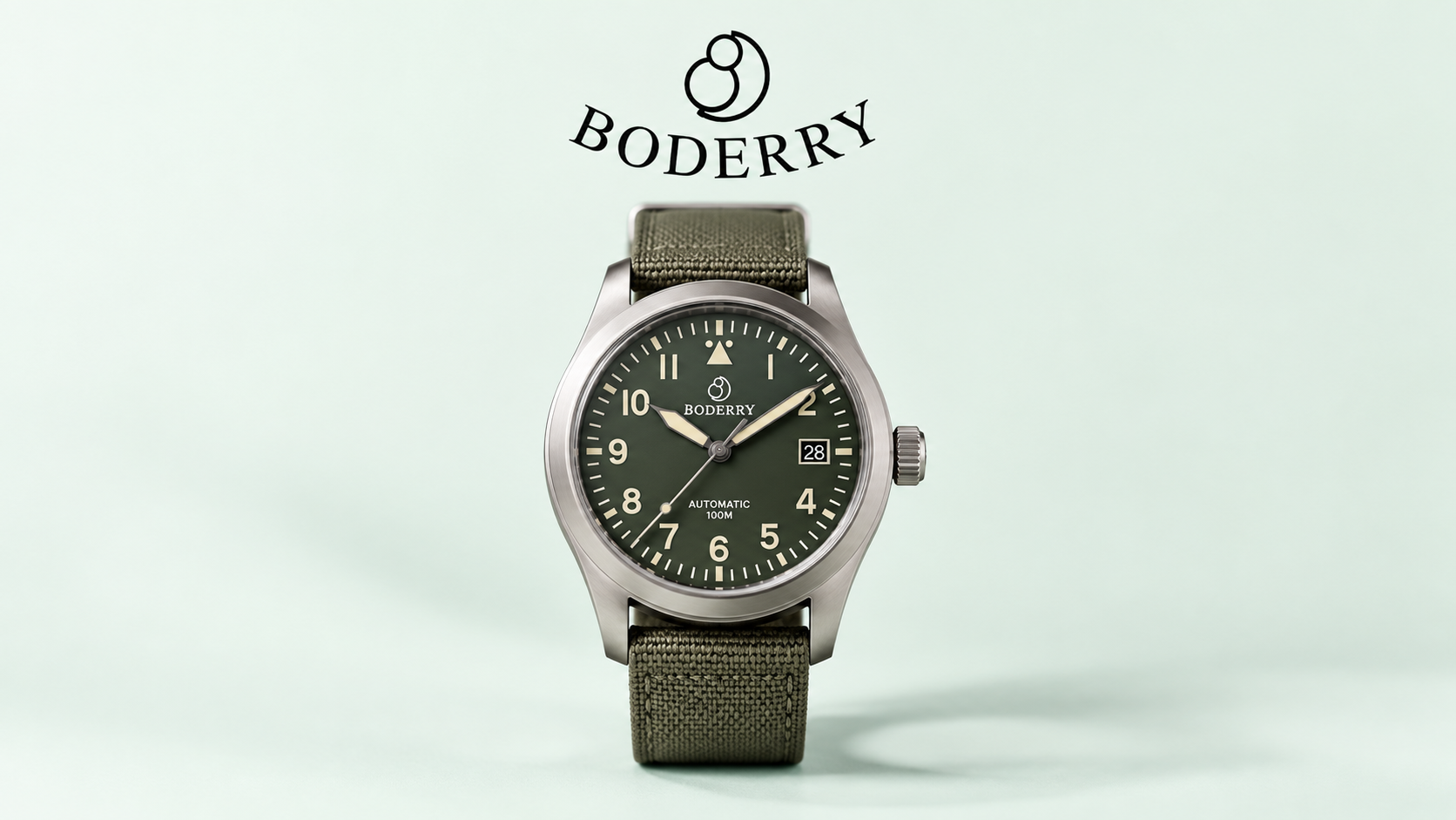 Boderry automatic field watch with green dial and fabric strap