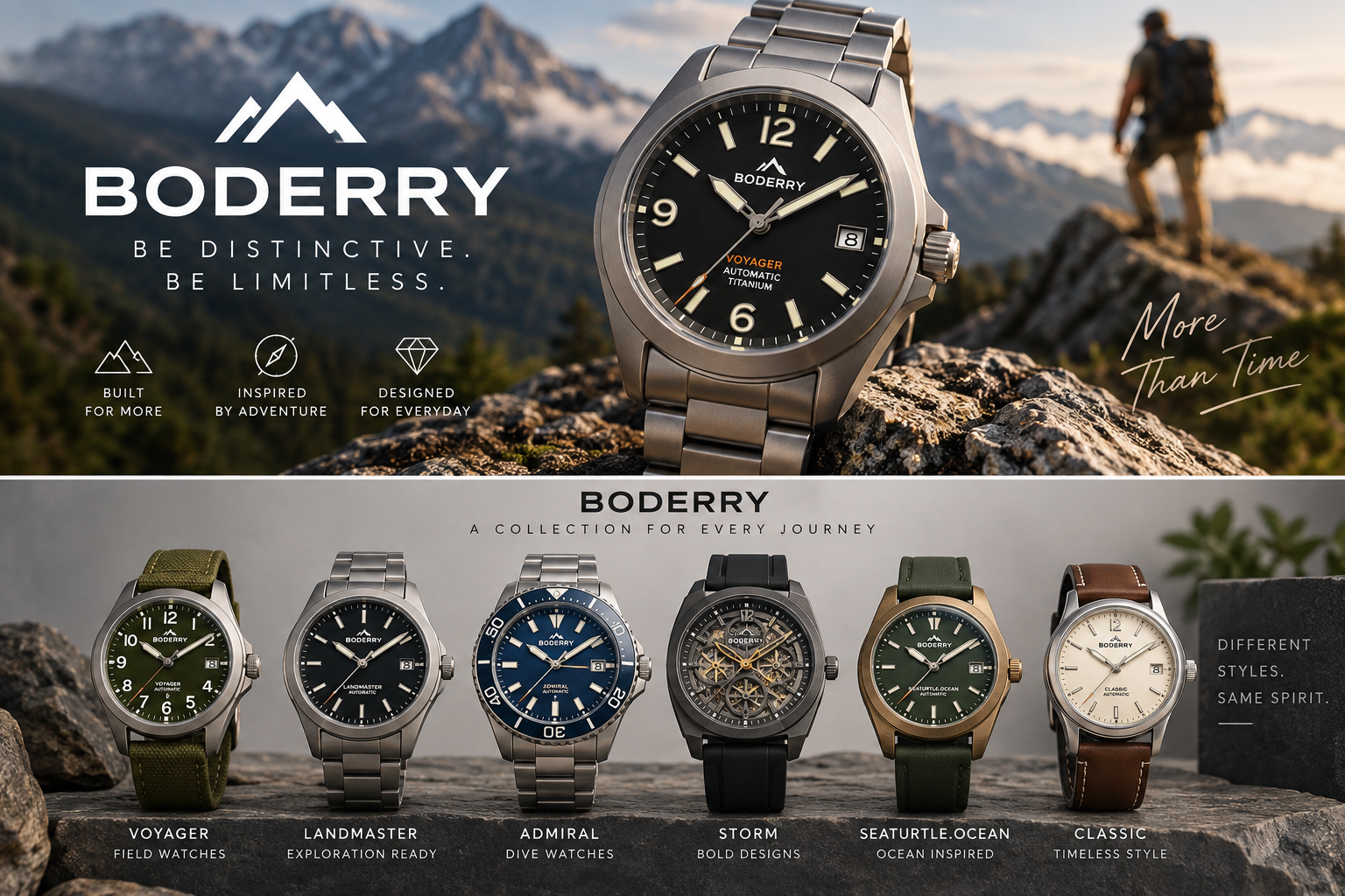 Boderry watch collection featuring multiple automatic and field watch styles