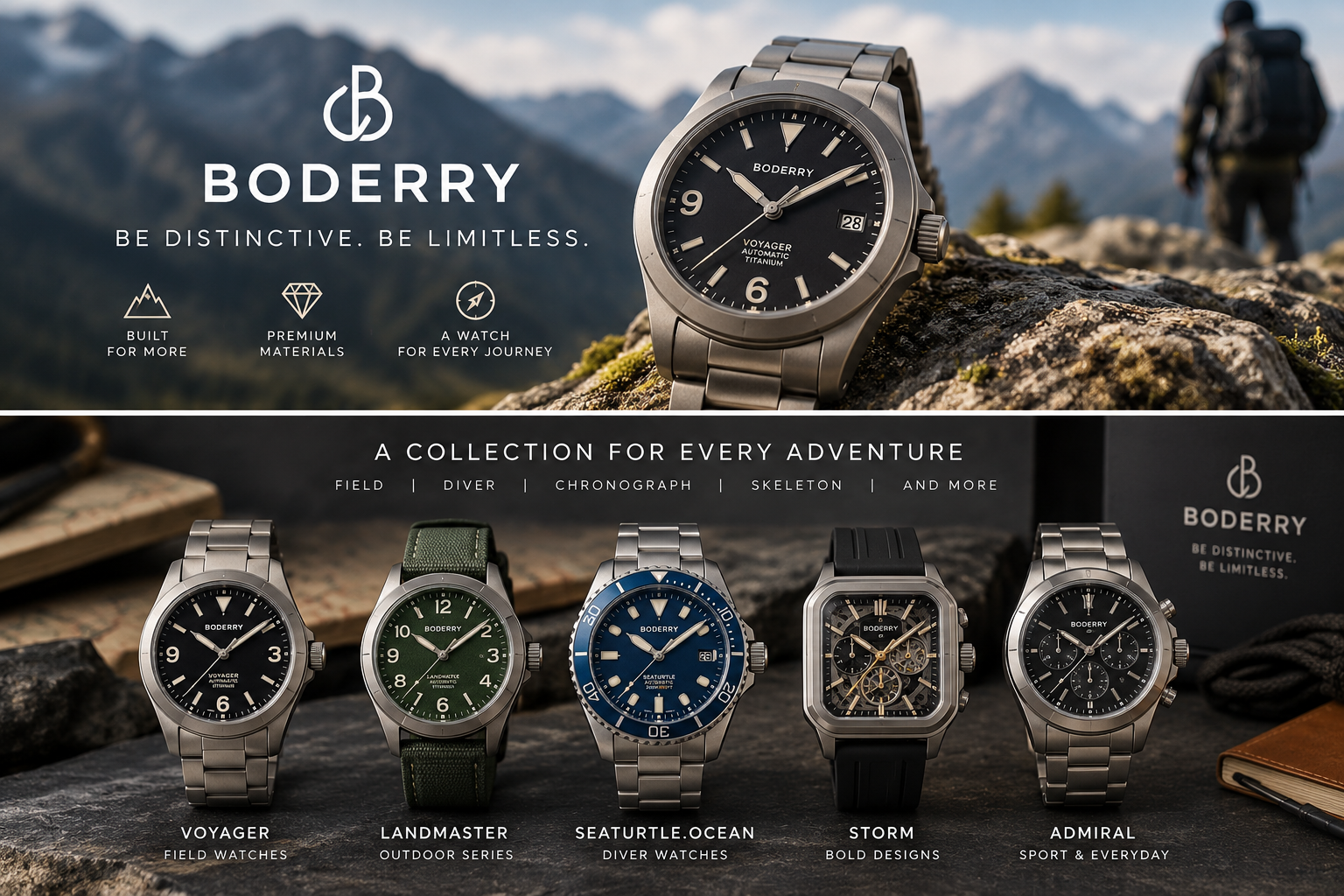 Boderry watch collection featuring field, diver, skeleton, and sport watch designs