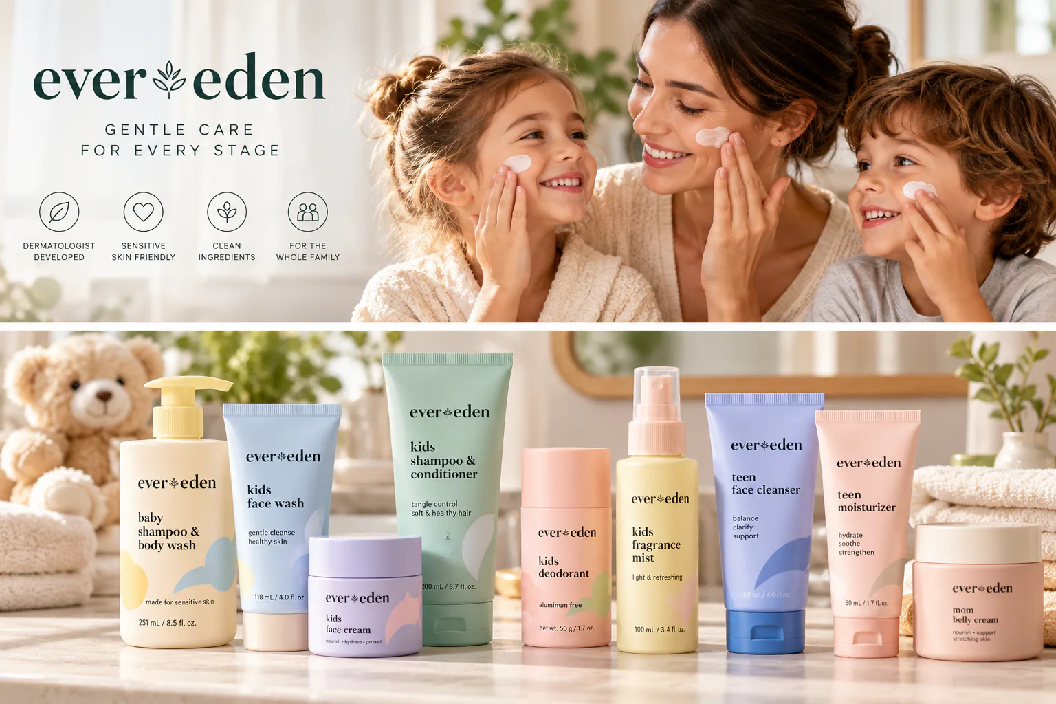 Evereden gentle skincare collection for families with a mother and two children using skincare products.