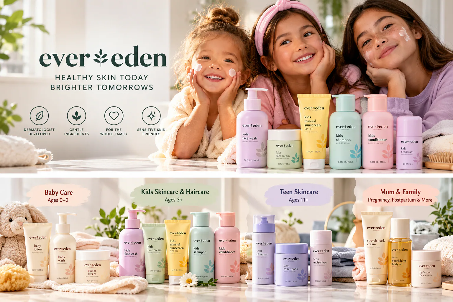 Evereden skincare and haircare collection for babies, kids, teens, and families displayed with three smiling children.